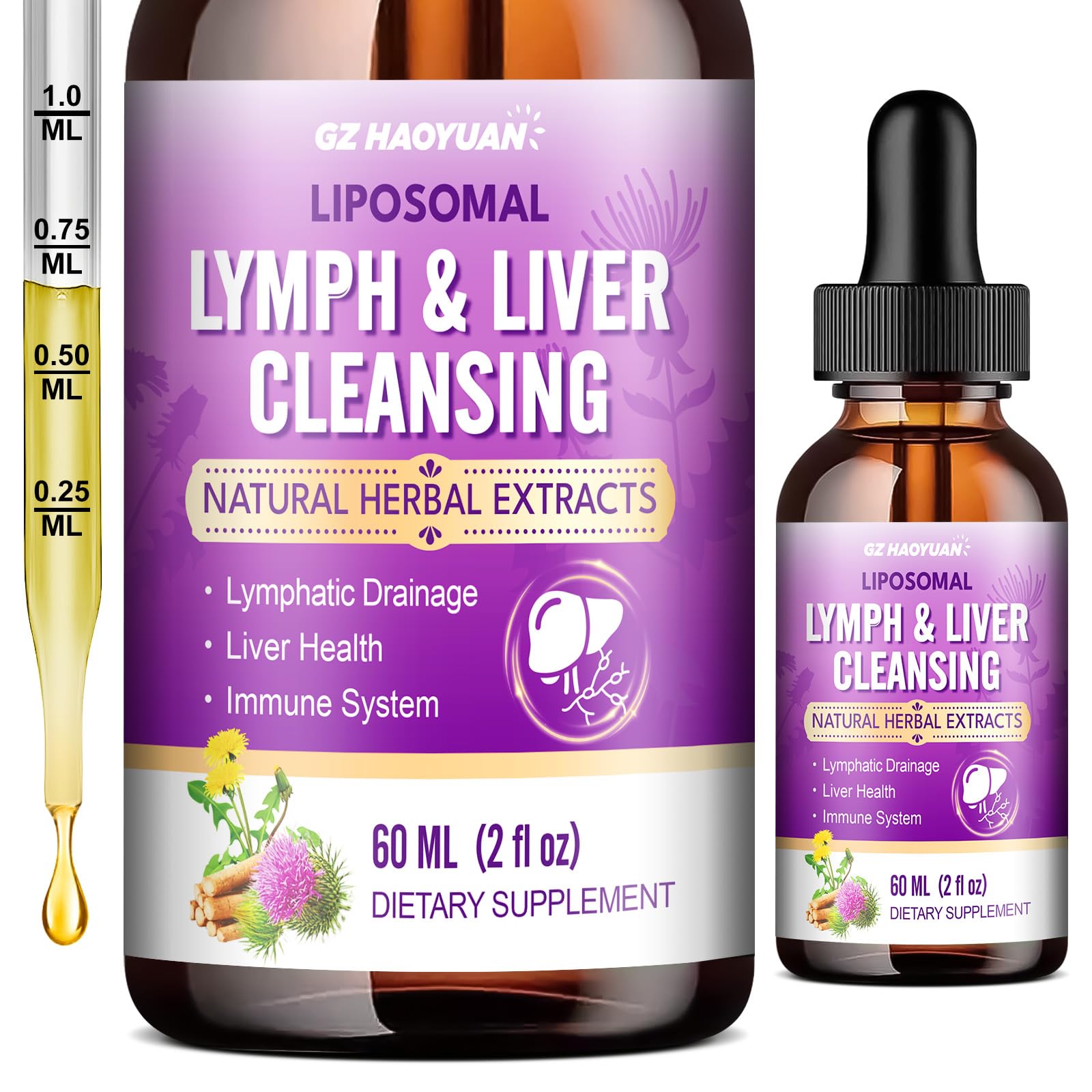 Lymphatic Drainage - Liver Cleanse Detox & Repair Drops, Liposomal Milk Thistle, Echinacea, Artichoke, Dandelion, Turmeric, ''Lymph-Liver'' Cleanse Detox Supplement, Immune & Health, Vegan, 2 Fl.Oz - Maple Wellness Supplements