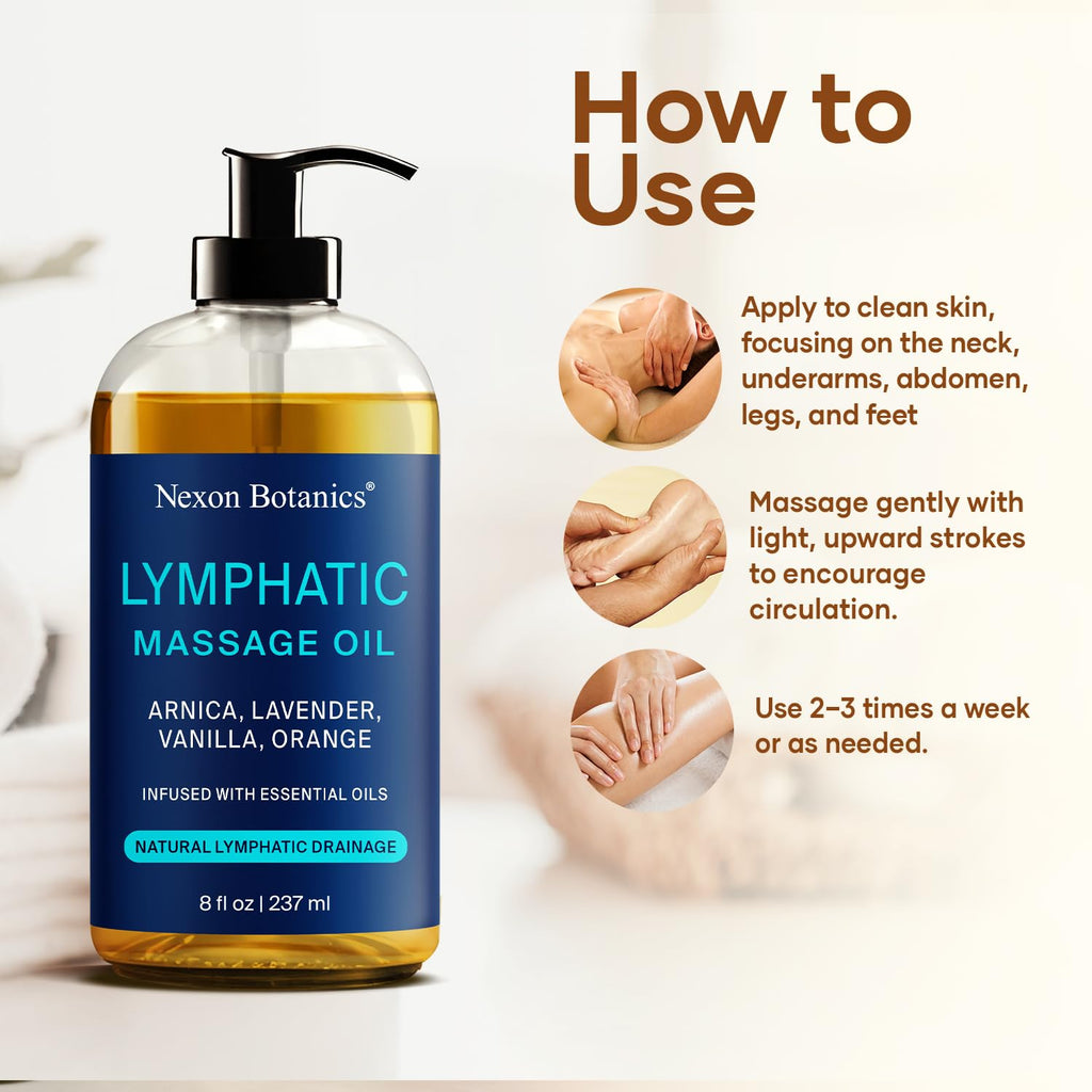 Lymphatic Drainage Massage Oil for Massage Therapy 8 fl oz - Refreshing and Relaxing - Natural Oils with Arnica, Vanilla and Lavender Oil - for Men and Women - Nexon Botanics - Maple Wellness Supplements