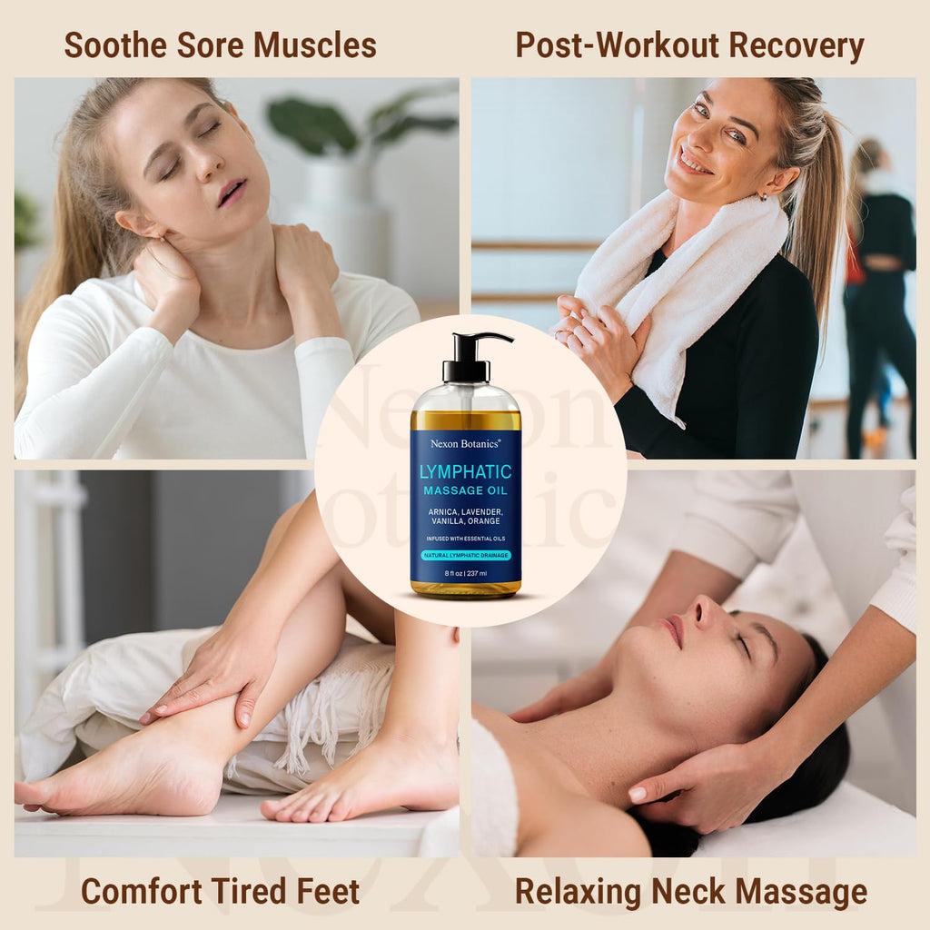 Lymphatic Drainage Massage Oil for Massage Therapy 8 fl oz - Refreshing and Relaxing - Natural Oils with Arnica, Vanilla and Lavender Oil - for Men and Women - Nexon Botanics - Maple Wellness Supplements
