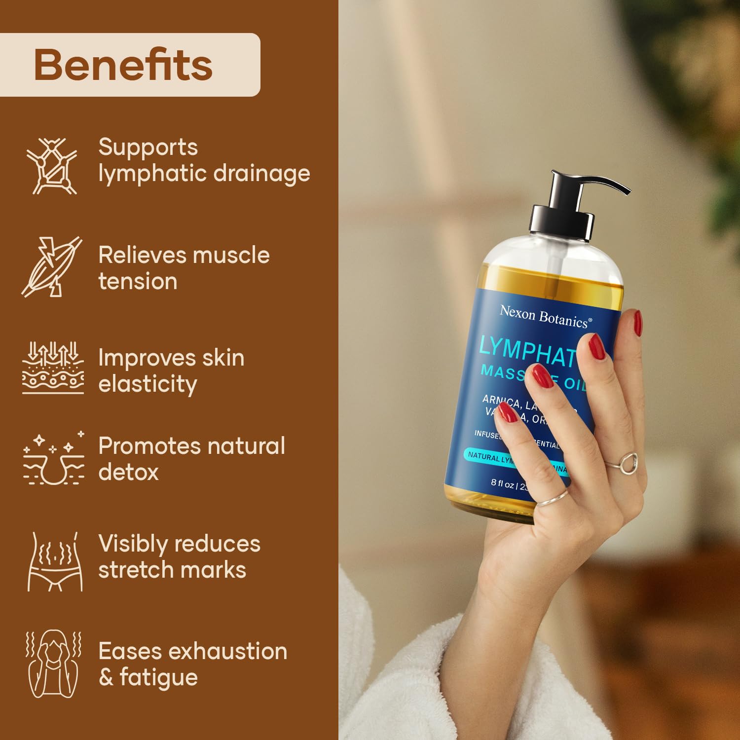 Lymphatic Drainage Massage Oil for Massage Therapy 8 fl oz - Refreshing and Relaxing - Natural Oils with Arnica, Vanilla and Lavender Oil - for Men and Women - Nexon Botanics - Maple Wellness Supplements