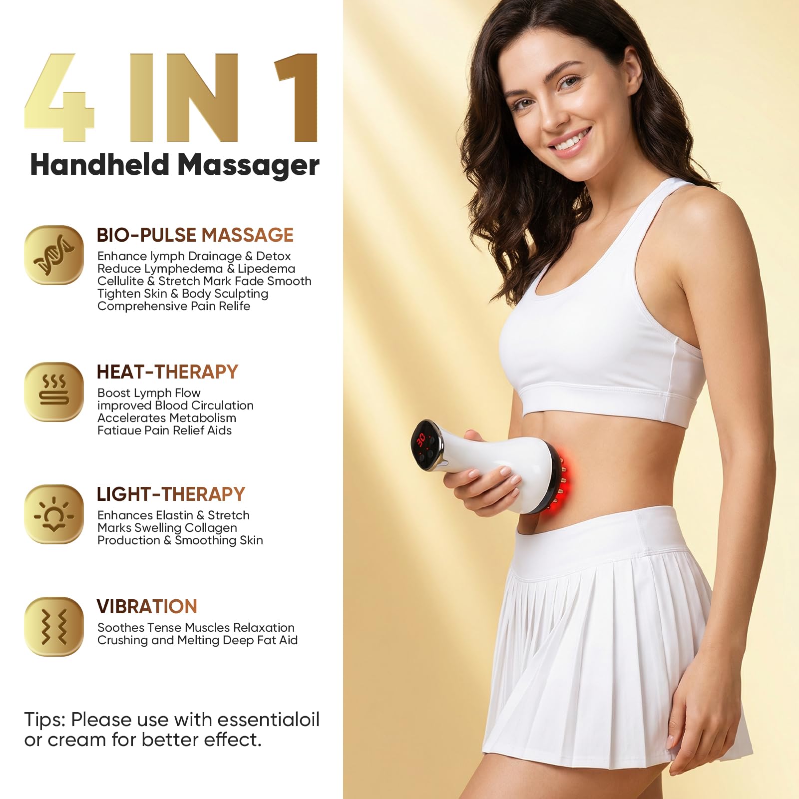 Lymphatic Drainage Massager, Anti Cellulite Massage Tool & Body Sculpting Machine with 30-Level Microcurrent, Light, Heat & Vibration for Legs, Arms & Belly, Helps Reduce Stretch Marks & Cellulite - Maple Wellness Supplements