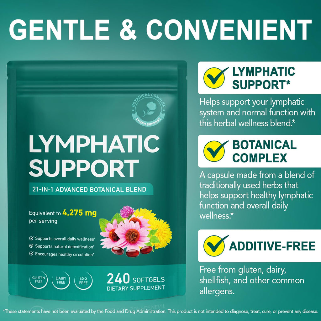 Lymphatic Drainage Supplement – 4,275 mg 21-in-1 Botanical Complex, Echinacea, Burdock Root, Red Clover, Elderberry & Dandelion, Supports Natural Detox & Healthy Circulation, 240 Softgels - Maple Wellness Supplements