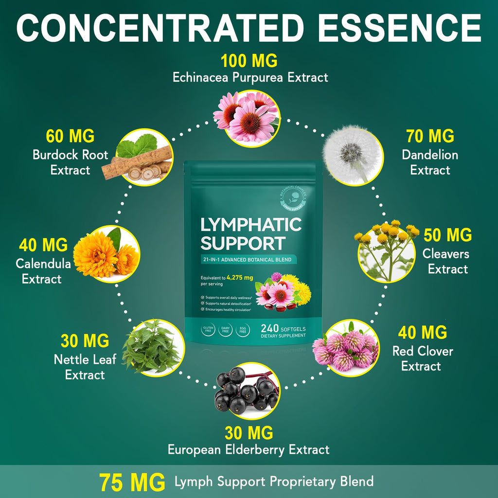 Lymphatic Drainage Supplement – 4,275 mg 21-in-1 Botanical Complex, Echinacea, Burdock Root, Red Clover, Elderberry & Dandelion, Supports Natural Detox & Healthy Circulation, 240 Softgels - Maple Wellness Supplements