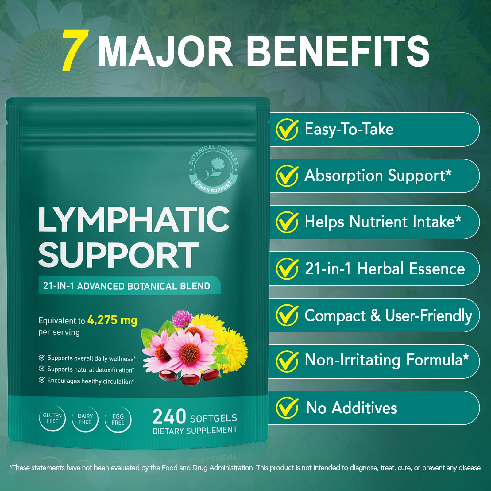 Lymphatic Drainage Supplement – 4,275 mg 21-in-1 Botanical Complex, Echinacea, Burdock Root, Red Clover, Elderberry & Dandelion, Supports Natural Detox & Healthy Circulation, 240 Softgels - Maple Wellness Supplements