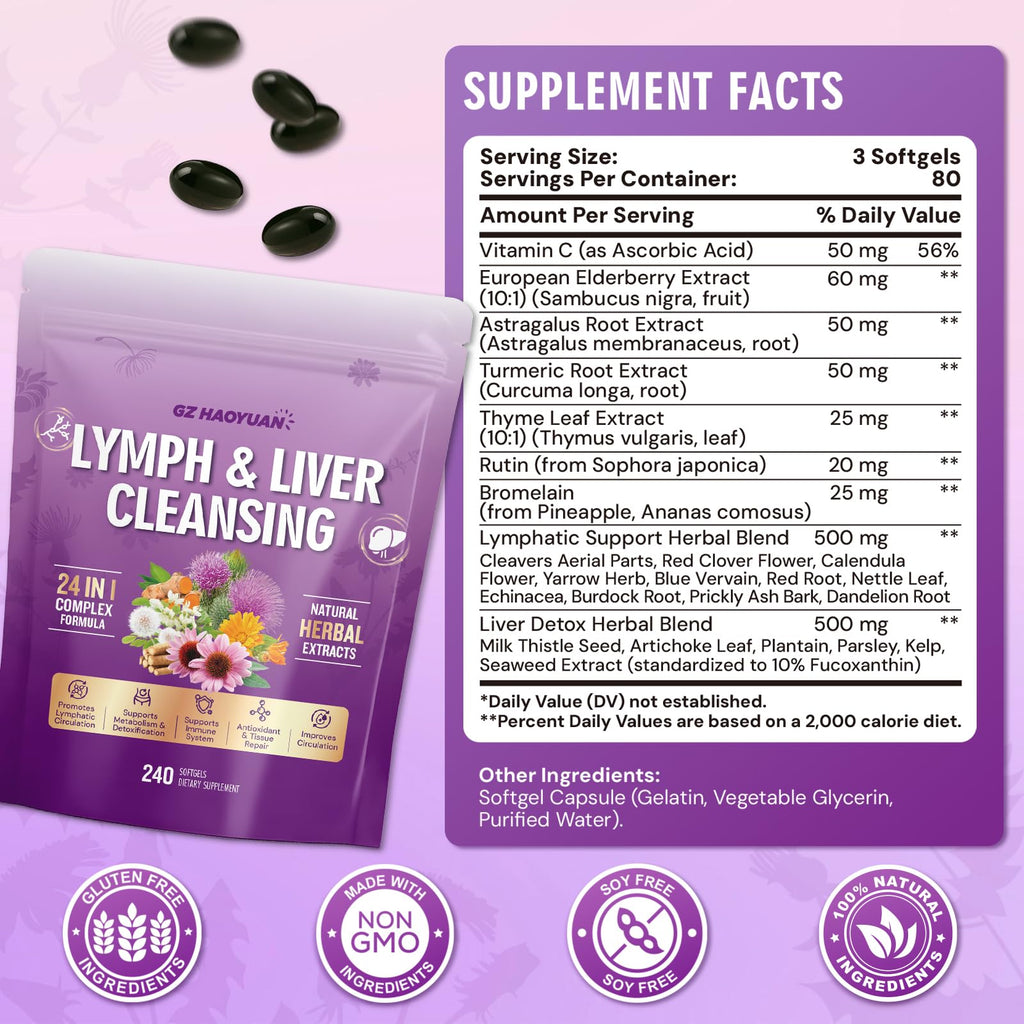 Lymphatic Drainage Supplement, Liver Cleanse Detox & Repair, 24-in-1 Herbal Blend with Echinacea, Dandelion, Burdock, Bromelain, Calendula, Turmeric - Lymph System Support, Less Bloating, 240 Softgels - Maple Wellness Supplements