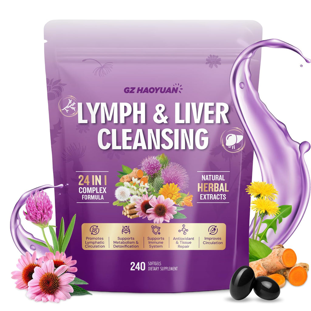 Lymphatic Drainage Supplement, Liver Cleanse Detox & Repair, 24-in-1 Herbal Blend with Echinacea, Dandelion, Burdock, Bromelain, Calendula, Turmeric - Lymph System Support, Less Bloating, 240 Softgels - Maple Wellness Supplements