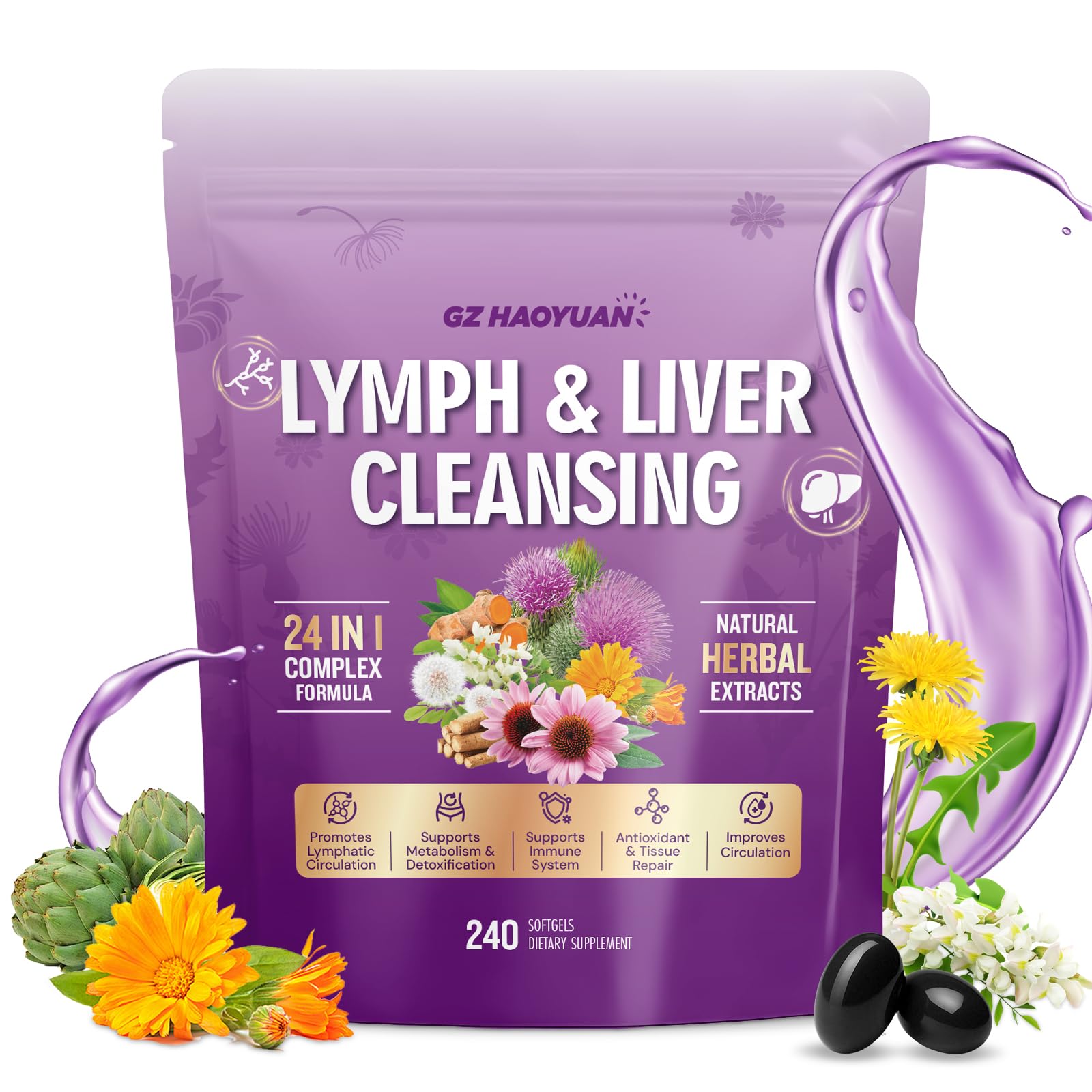 Lymphatic Drainage Supplement, Liver Cleanse Detox & Repair, 24-in-1 Herbal Blend with Echinacea, Dandelion, Burdock, Bromelain, Calendula, Turmeric - Lymph System Support, Less Bloating, 240 Softgels - Maple Wellness Supplements