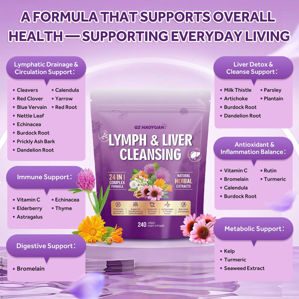 Lymphatic Drainage Supplement, Liver Cleanse Detox & Repair, 24-in-1 Herbal Blend with Echinacea, Dandelion, Burdock, Bromelain, Calendula, Turmeric - Lymph System Support, Less Bloating, 240 Softgels - Maple Wellness Supplements