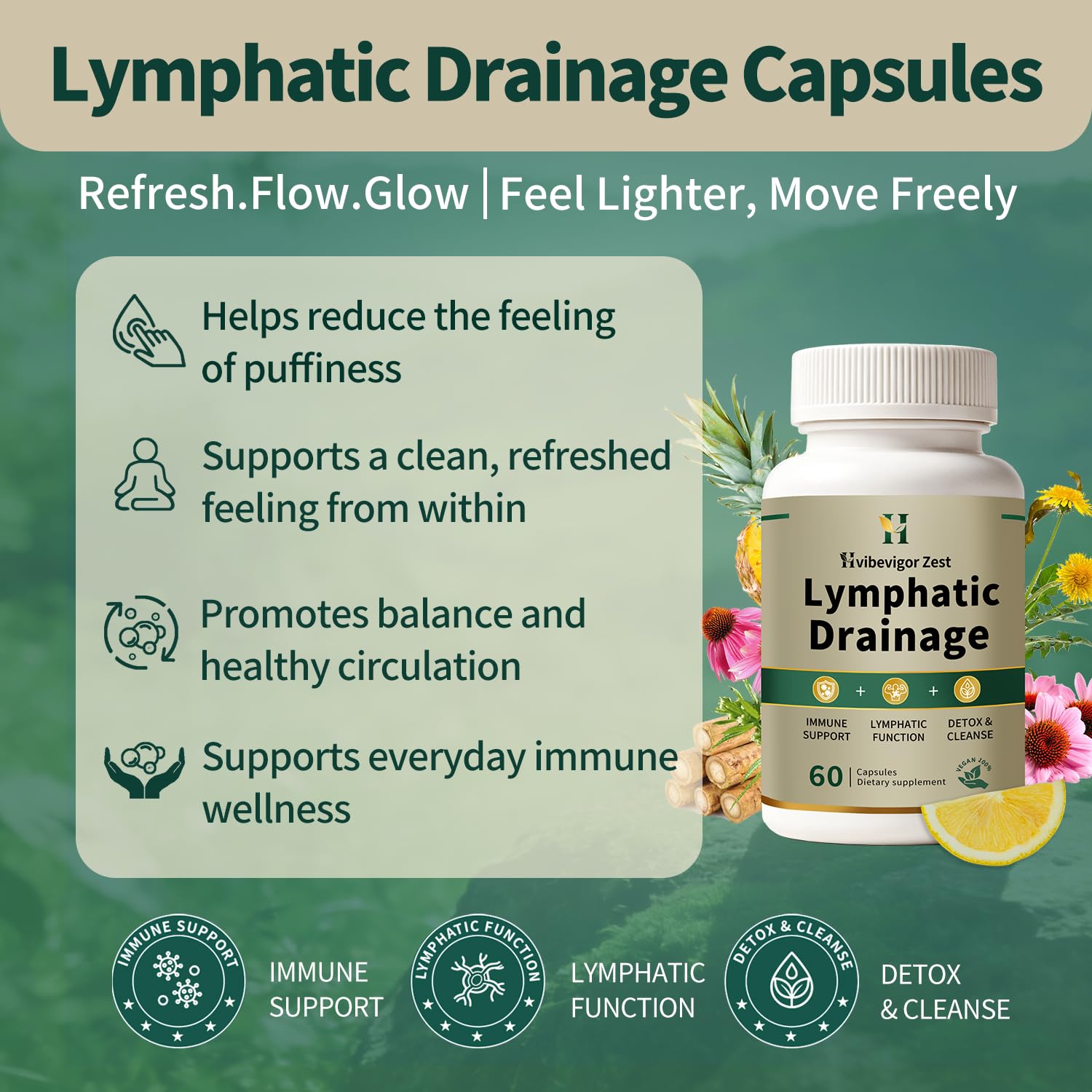 Lymphatic Drainage Supplement – Natural Herbal Formula with Dandelion, Burdock & Echinacea, Supports Fluid Balance, Immune Health & Cellulite Reduction – 60 Capsules - Maple Wellness Supplements
