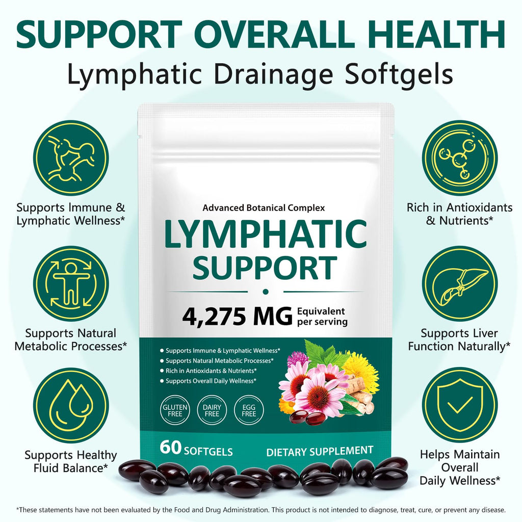 Lymphatic Drainage Supplements, 4275mg Lymph System Support for Women & Men, Herbal Lymphatic Complex with Dandelion, Burdock, Echinacea, Cleavers, Turmeric & Bromelain for Fluid Balance, 240 Capsules - Maple Wellness Supplements