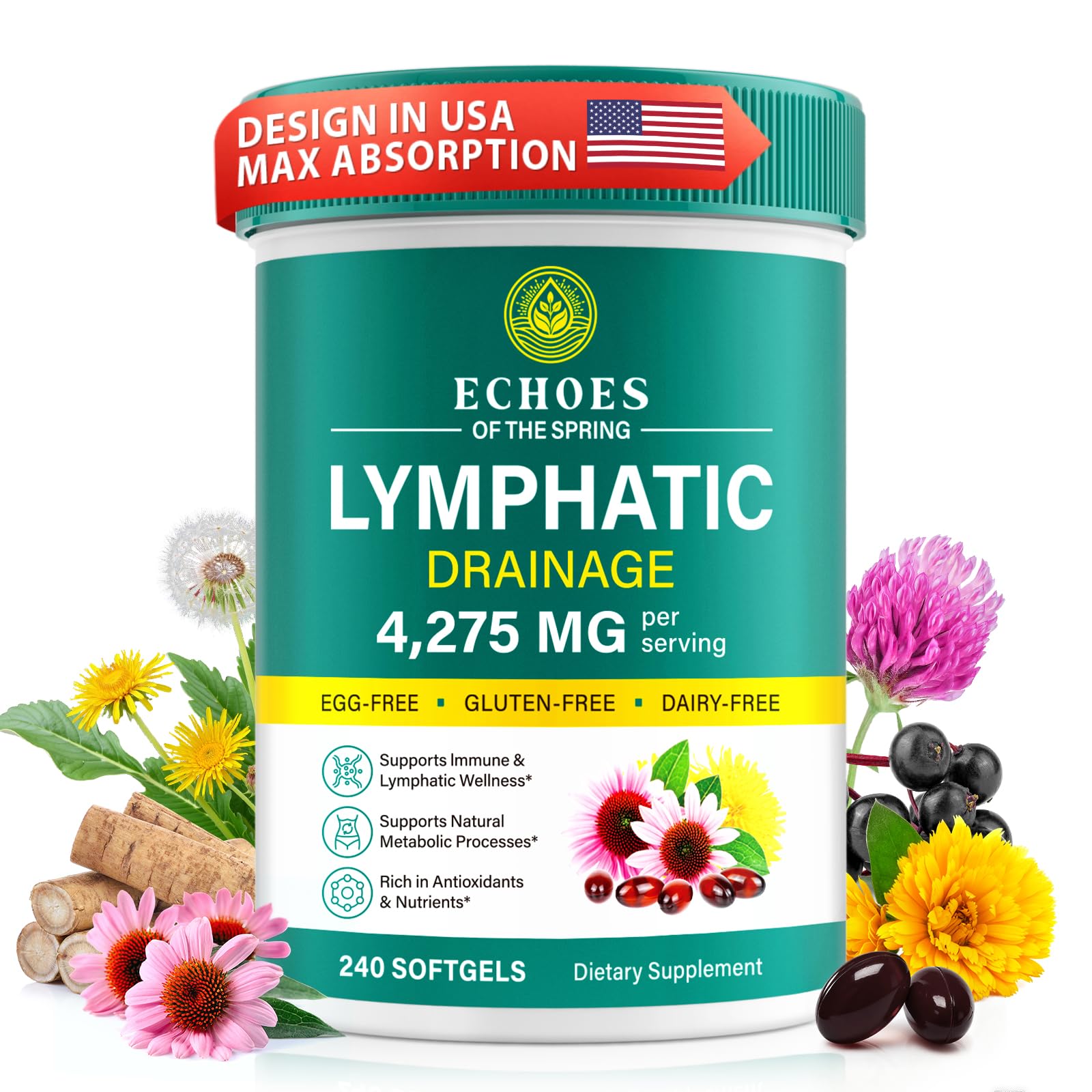 Lymphatic Drainage Supplements, 4275mg Lymph System Support Supplement for Women & Men, Daily Wellness Support, 21-in-1 Herbal Blend with Echinacea, Dandelion, Burdock, Turmeric & More, 240 Softgels - TrustMedUSA