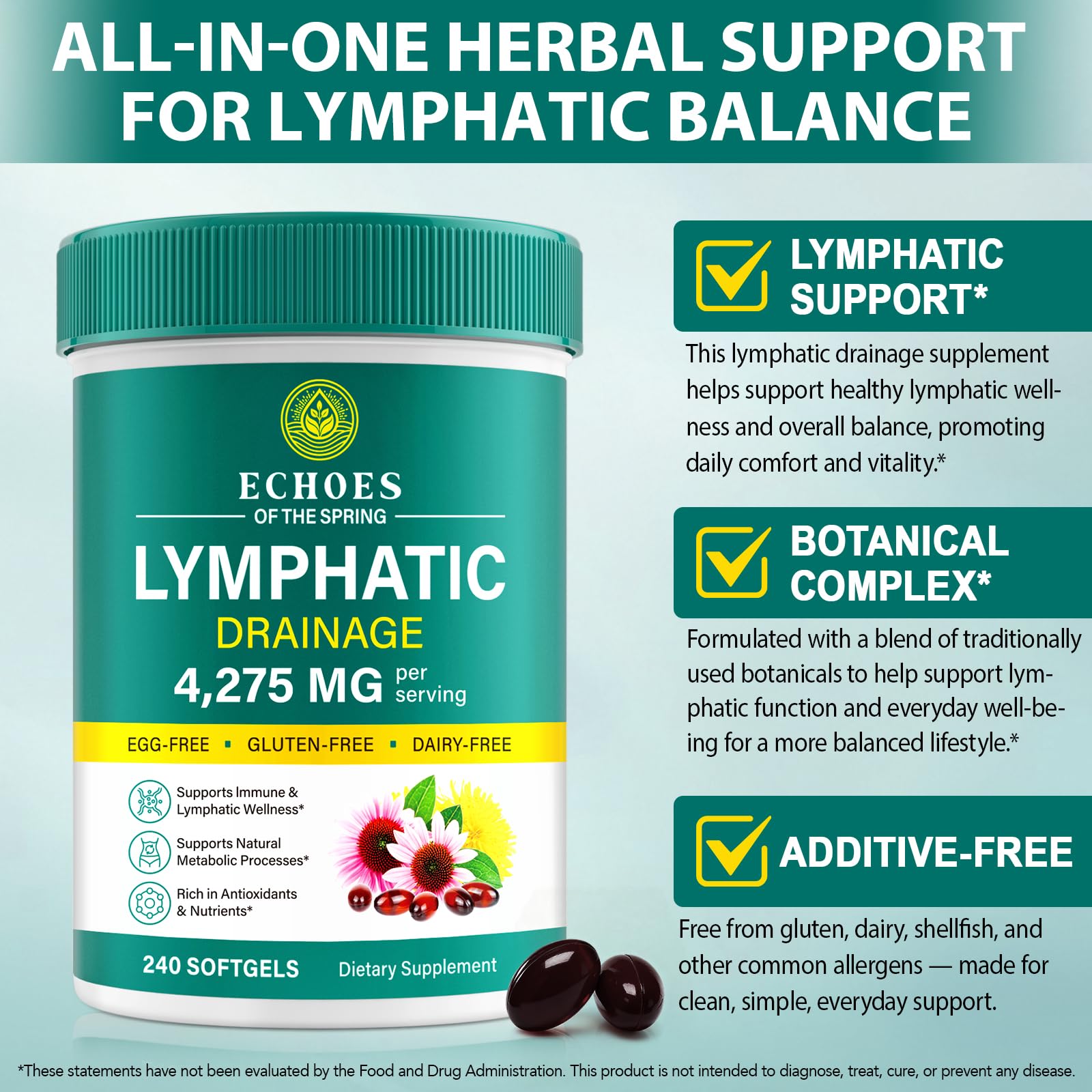 Lymphatic Drainage Supplements, 4275mg Lymph System Support Supplement for Women & Men, Daily Wellness Support, 21-in-1 Herbal Blend with Echinacea, Dandelion, Burdock, Turmeric & More, 240 Softgels - TrustMedUSA