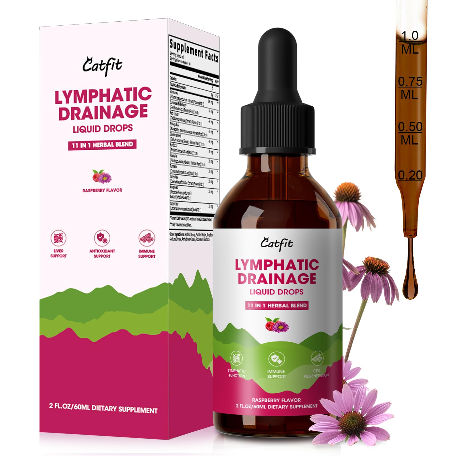 Lymphatic Drainage Supplements Drops for Immune, Lymph System Support, Cleanse & Detox, Liver Health with Echinacea,Elderberry,Cleavers Herb,Burdock, Calendula, Non-GMO, Raspberry Flavor, 2 Fl Oz - Maple Wellness Supplements