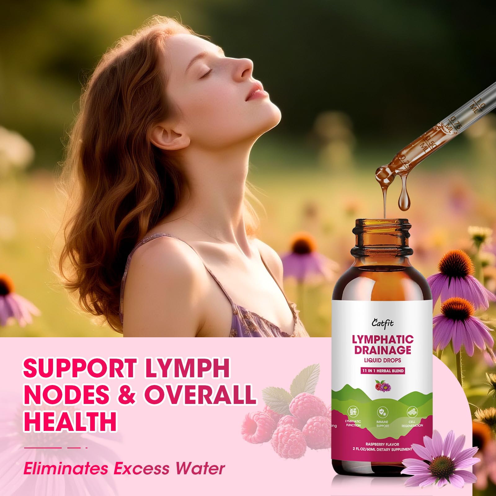 Lymphatic Drainage Supplements Drops for Immune, Lymph System Support, Cleanse & Detox, Liver Health with Echinacea,Elderberry,Cleavers Herb,Burdock, Calendula, Non-GMO, Raspberry Flavor, 2 Fl Oz - Maple Wellness Supplements