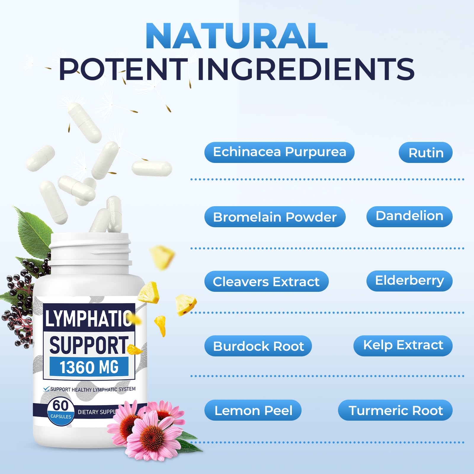 Lymphatic Drainage Supplements for Lymph System Cleanse & Immune Support, Lymphatic Support Supplement, Detox & Liver Health, Natural Herbal Blends with Echinacea, Dandelion, Burdock, 60 Capsules - Maple Wellness Supplements