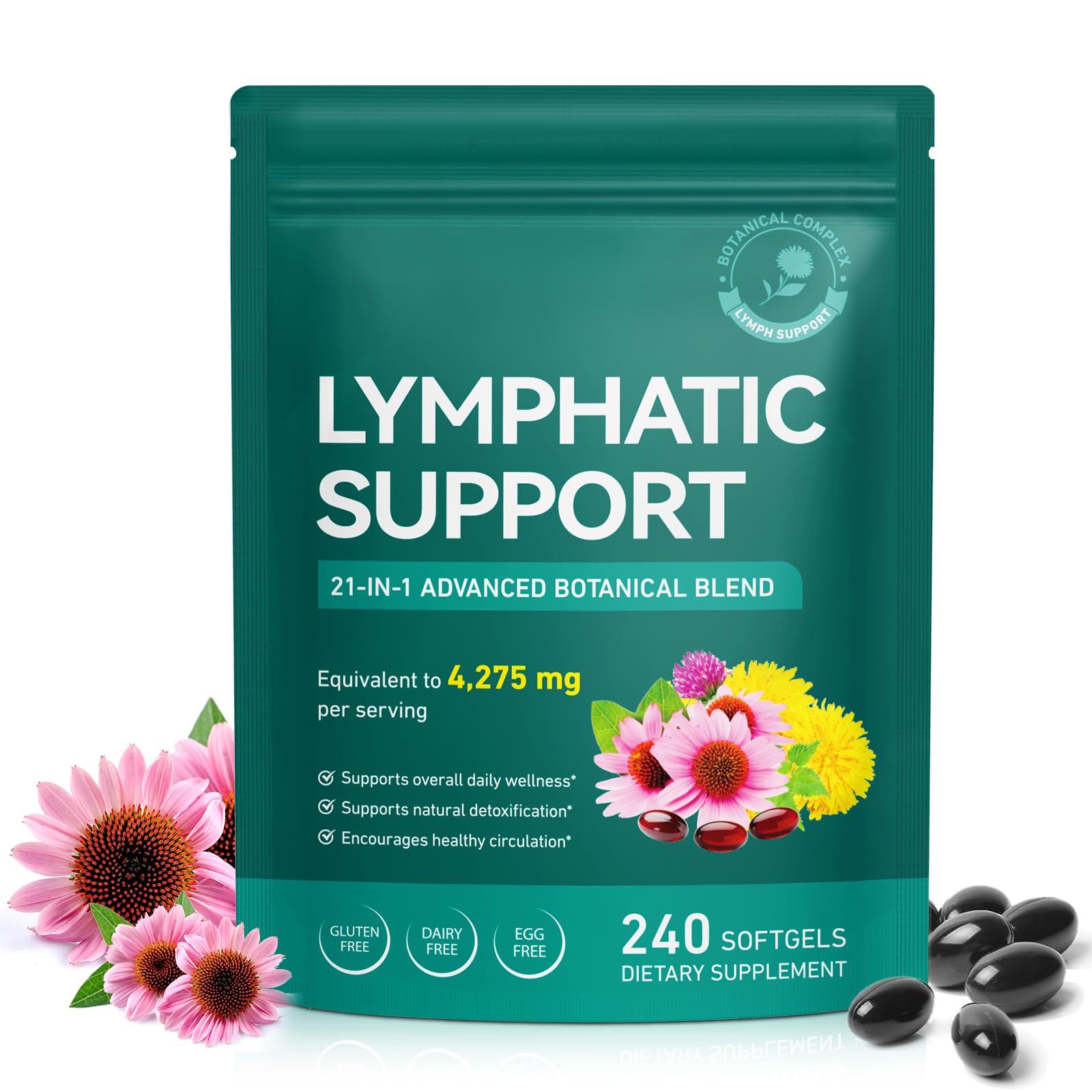 Lymphatic Drainage Supplements, Lymph System Support Supplement for Women & Men, Natural Herbal Blends with Echinacea, Dandelion, Burdock Root for Lymph System - 240 Softgels - Maple Wellness Supplements