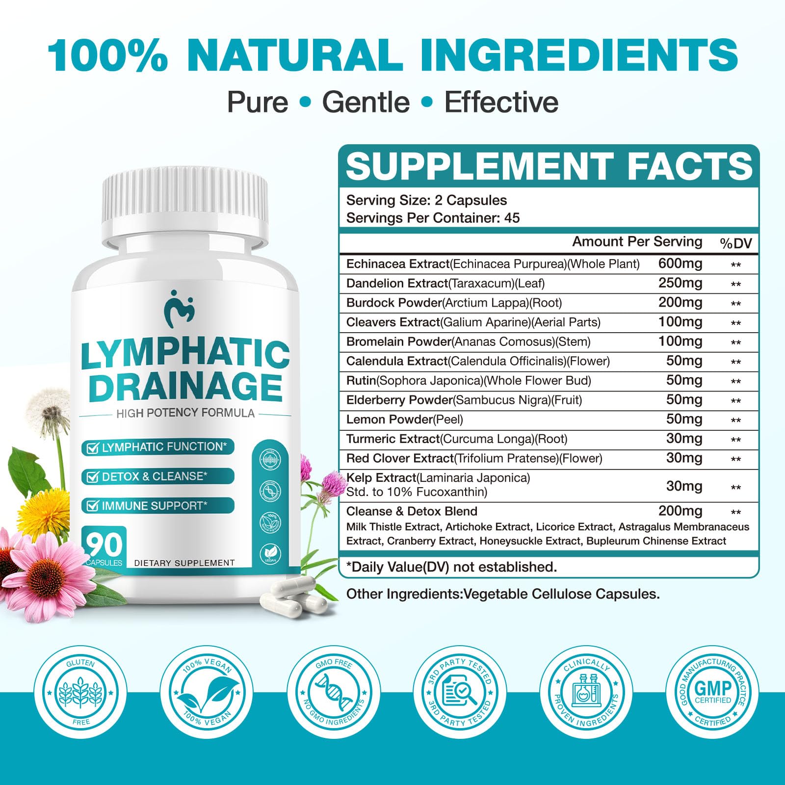 Lymphatic Drainage Supplements - Lymphatic Drainage Capsule for Detox & Cleanse, Immune Support - Natural Herbal Blends with Dandelion, Burdock, Cleavers & Echinacea, 90 Capsules - Maple Wellness Supplements