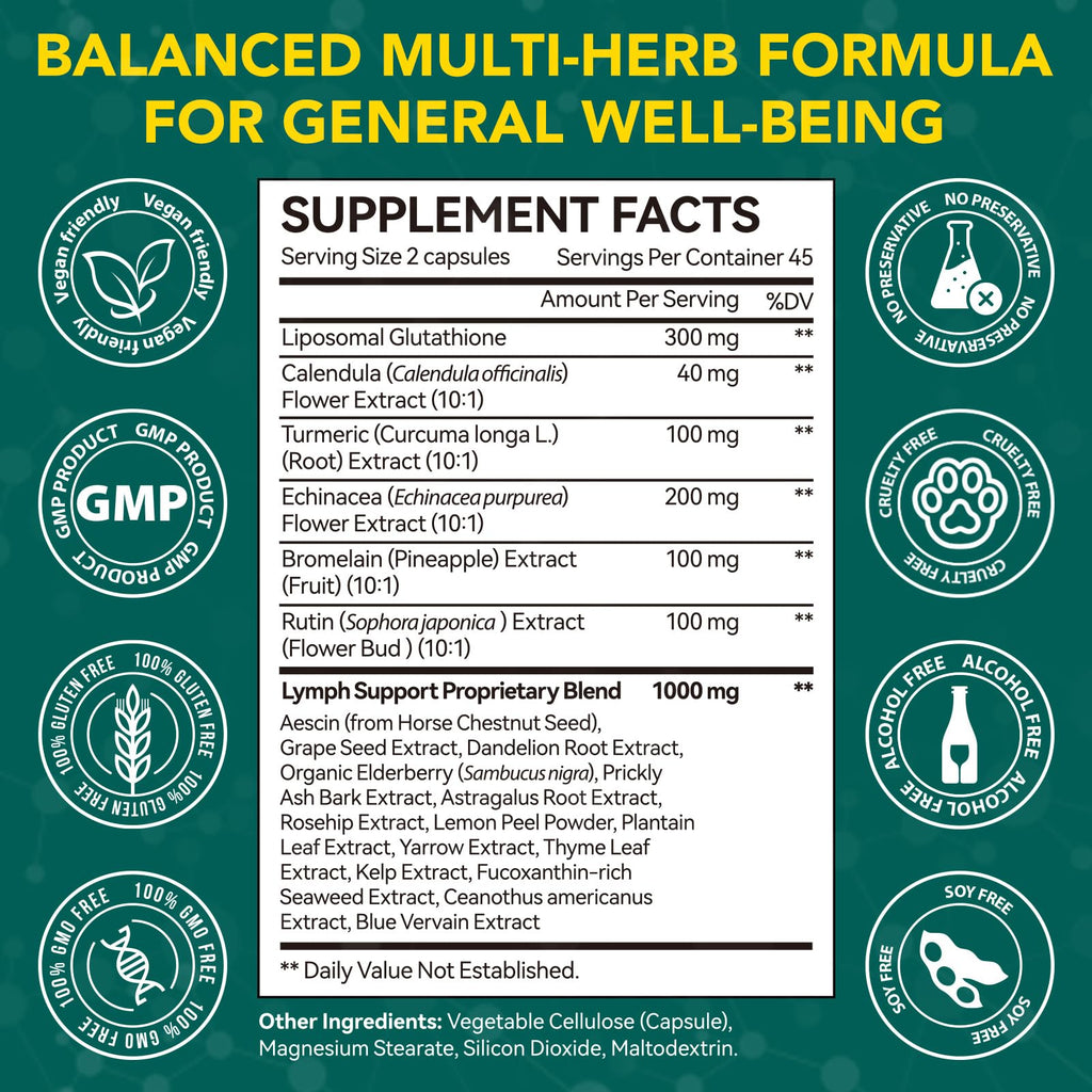 Lymphatic Drainage Supplements, Lymphatic Drainage Capsules Supplement - Wellness Complex Formula 21 in 1 - Aescia, Turmeric, Bromelain, Echinacea & More - Lymph System Support Capsule Easy Store - Maple Wellness Supplements