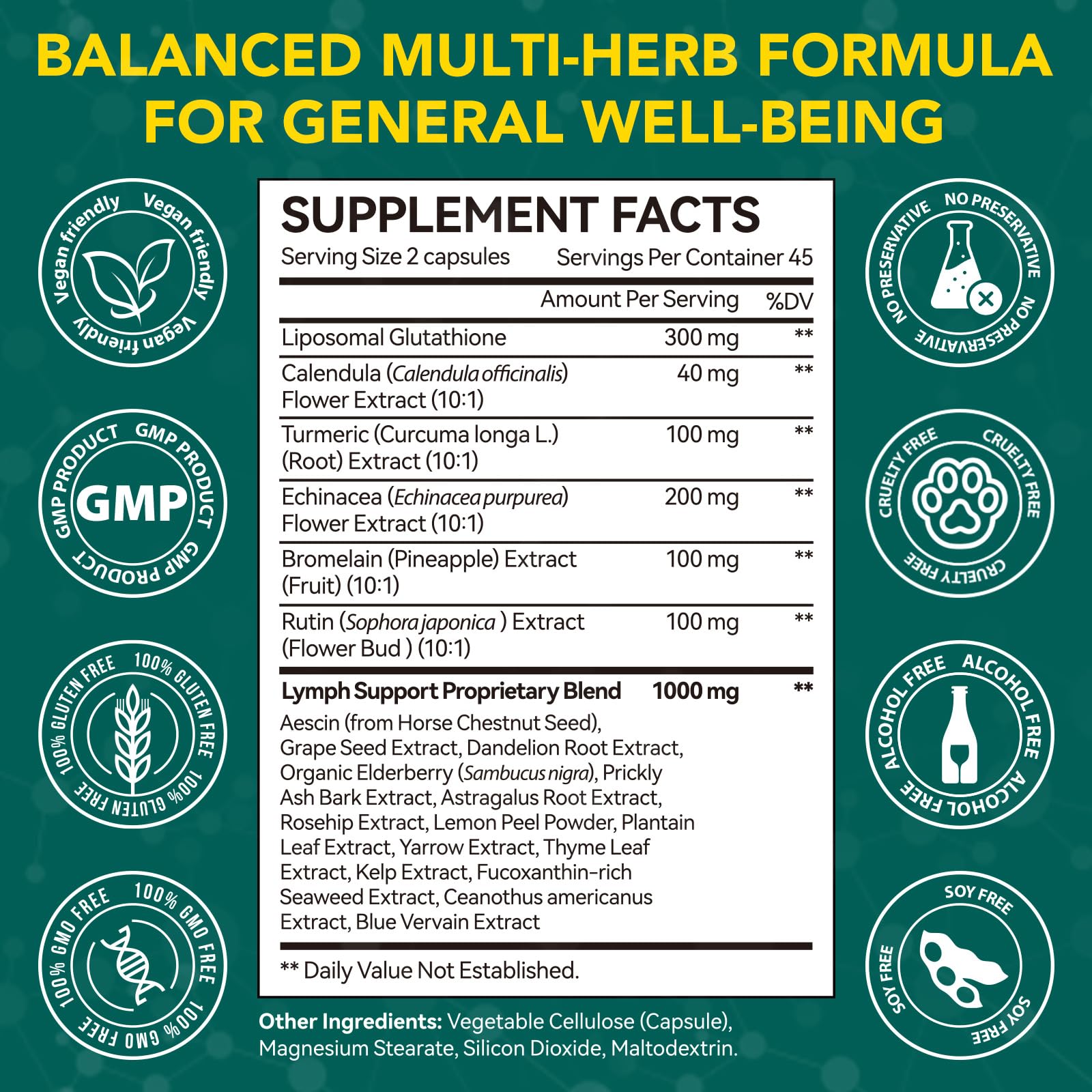 Lymphatic Drainage Supplements, Lymphatic Drainage Capsules Supplement - Wellness Complex Formula 21 in 1 - Aescia, Turmeric, Bromelain, Echinacea & More - Lymph System Support Capsule Easy Store - Maple Wellness Supplements