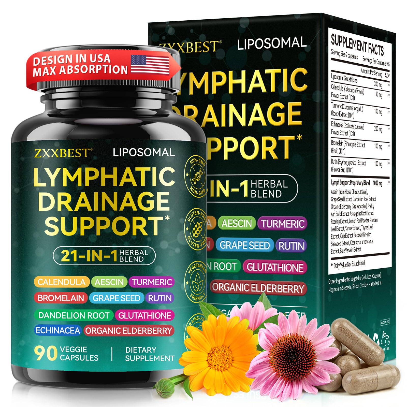 Lymphatic Drainage Supplements, Lymphatic Drainage Capsules - Wellness Complex 21 in 1 Aescia, Turmeric, Bromelain, Echinacea & More - Lymph System Support Capsules - Maple Wellness Supplements