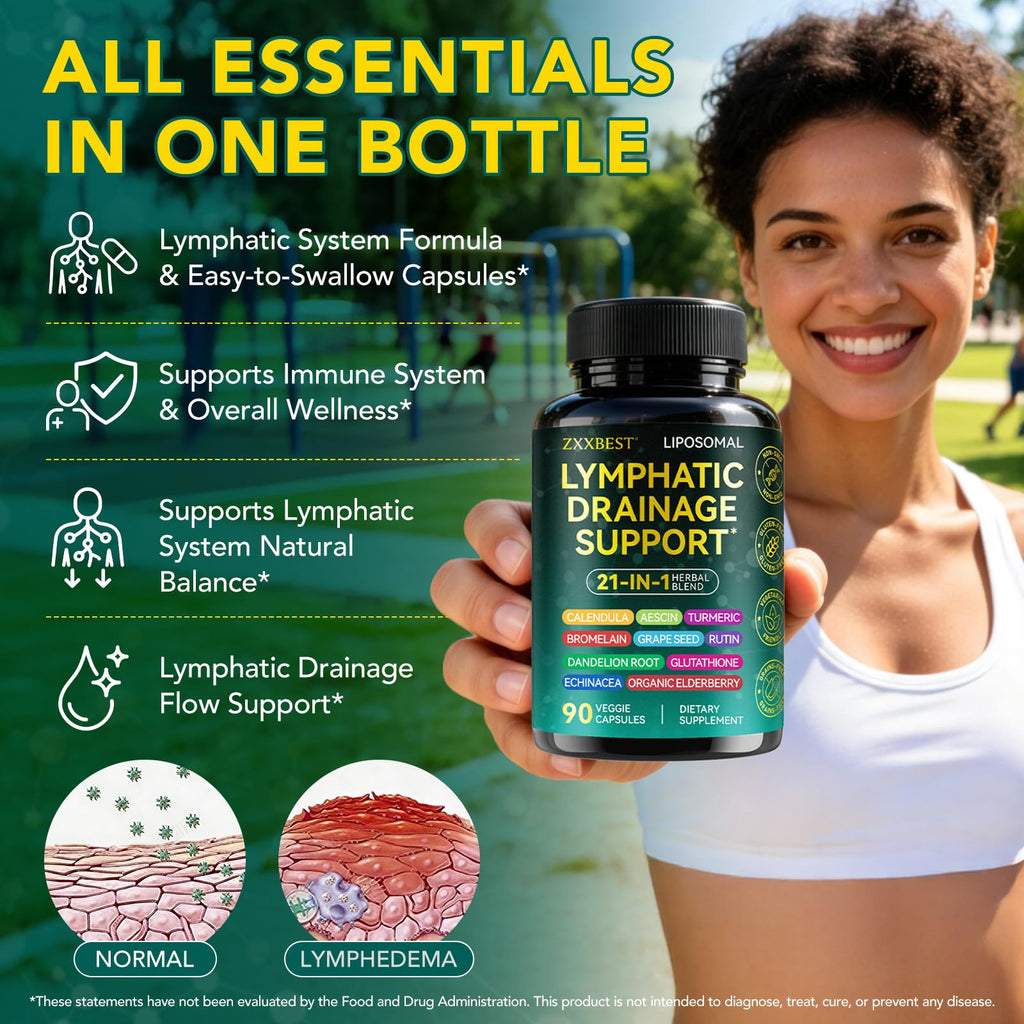 Lymphatic Drainage Supplements, Lymphatic Drainage Capsules - Wellness Complex 21 in 1 Aescia, Turmeric, Bromelain, Echinacea & More - Lymph System Support Capsules - Maple Wellness Supplements