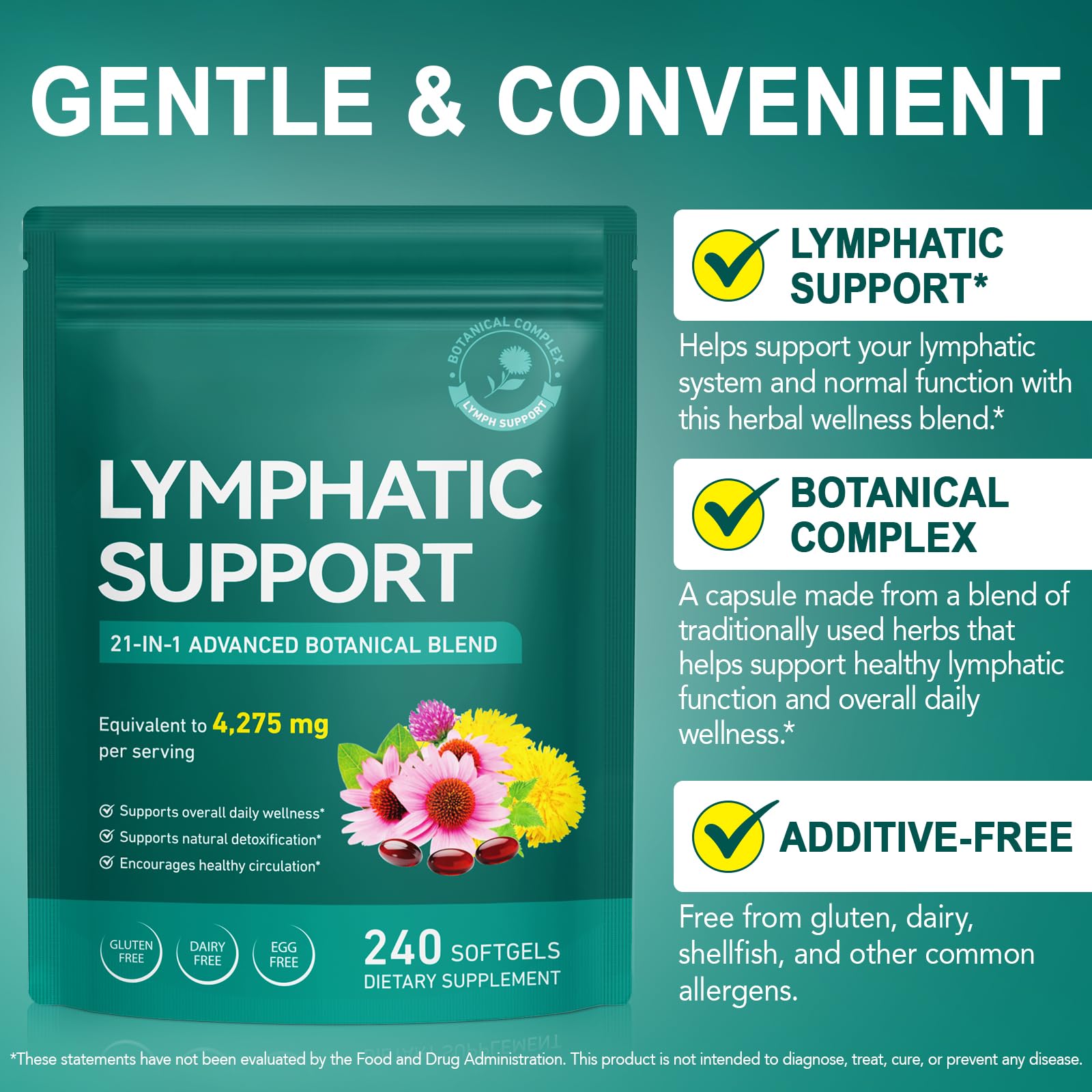 Lymphatic Drainage Supplements, Lymphatic Support Softgels for Immune Health, Plant-Based Formula with Echinacea, Burdock Root, Elderberry, Bromelain, Turmeric, 240 Softgels - Maple Wellness Supplements