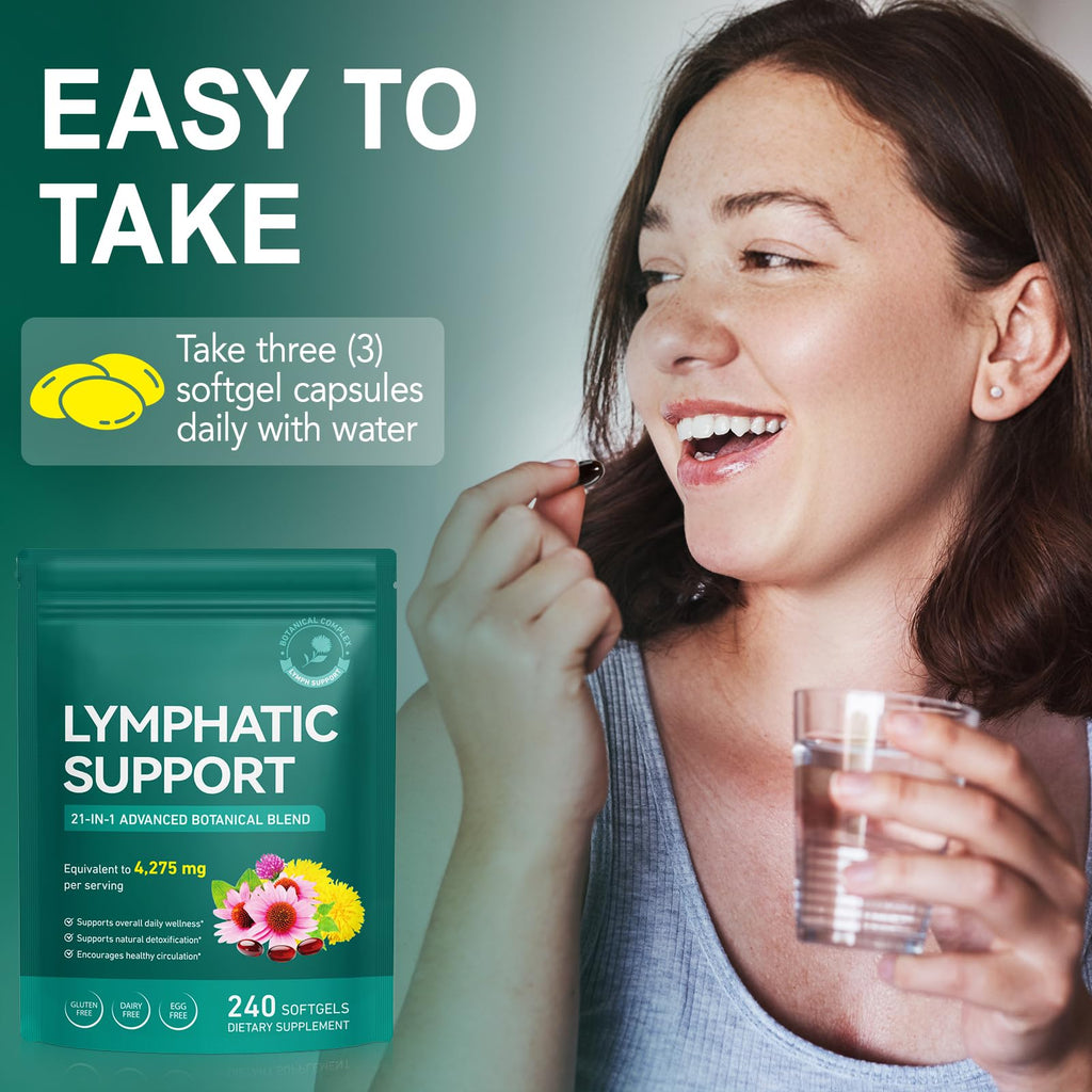 Lymphatic Drainage Supplements, Lymphatic Support Softgels for Immune Health, Plant-Based Formula with Echinacea, Burdock Root, Elderberry, Bromelain, Turmeric, 240 Softgels - Maple Wellness Supplements