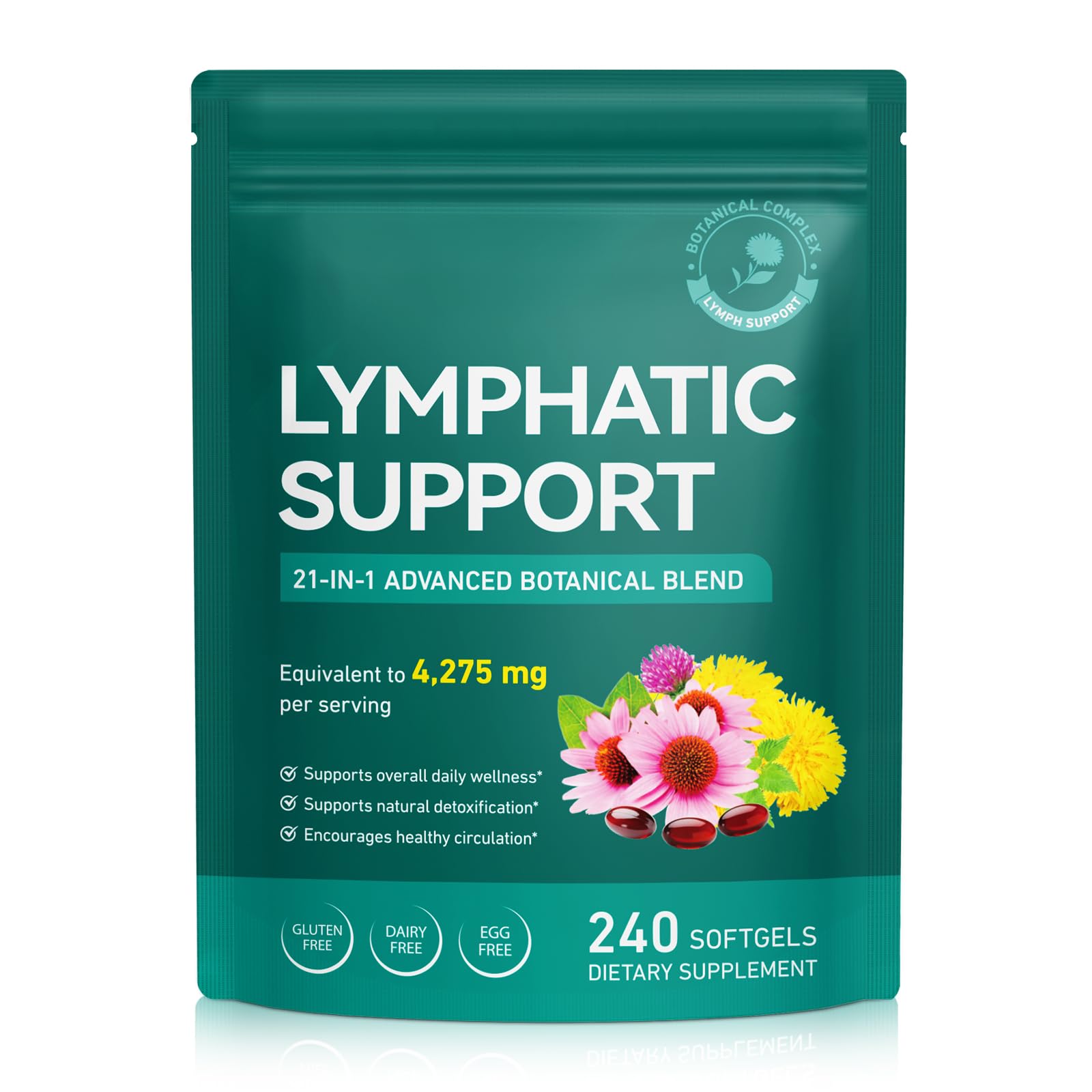 Lymphatic Drainage Supplements, Lymphatic Support Softgels for Immune Health, Plant-Based Formula with Echinacea, Burdock Root, Elderberry, Bromelain, Turmeric, 240 Softgels - Maple Wellness Supplements