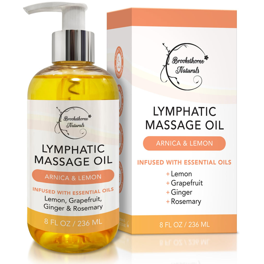 Lymphatic Massage Oil for Massage Therapy | 100% Natural Lymphatic Drainage Oil | Premium Quality with Arnica, Lemon & Ginger | for Post Surgery Recovery & Detox | 8oz by Brookethorne Naturals - Maple Wellness Supplements