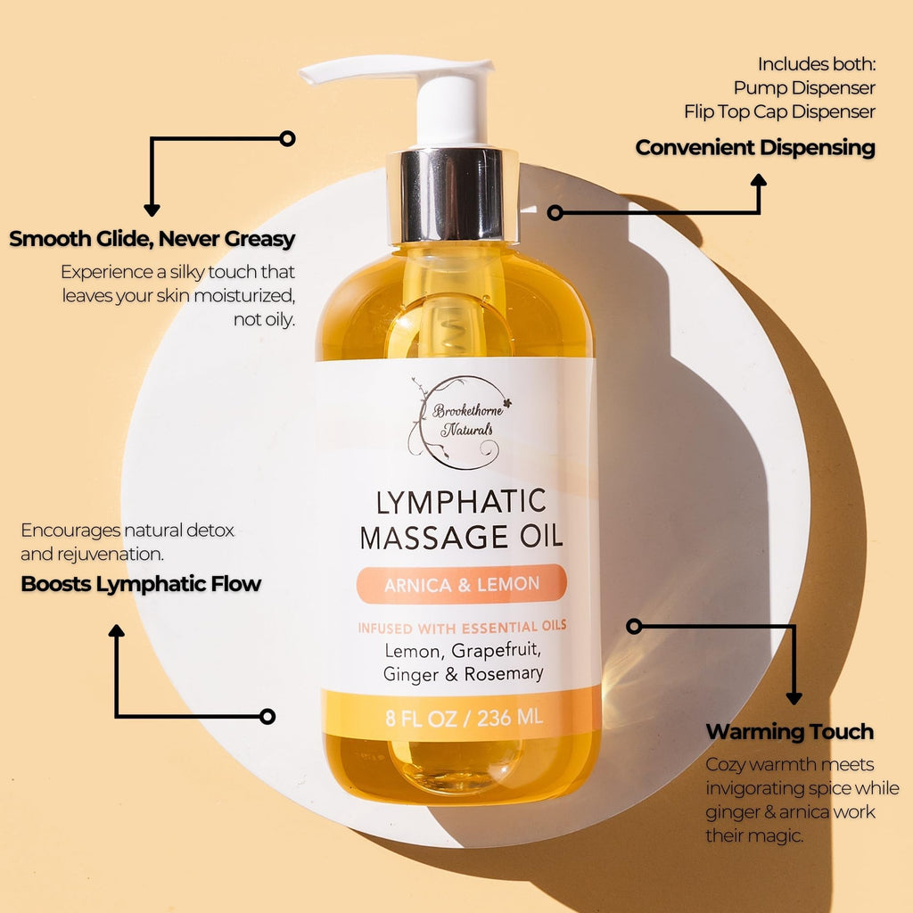 Lymphatic Massage Oil for Massage Therapy | 100% Natural Lymphatic Drainage Oil | Premium Quality with Arnica, Lemon & Ginger | for Post Surgery Recovery & Detox | 8oz by Brookethorne Naturals - Maple Wellness Supplements
