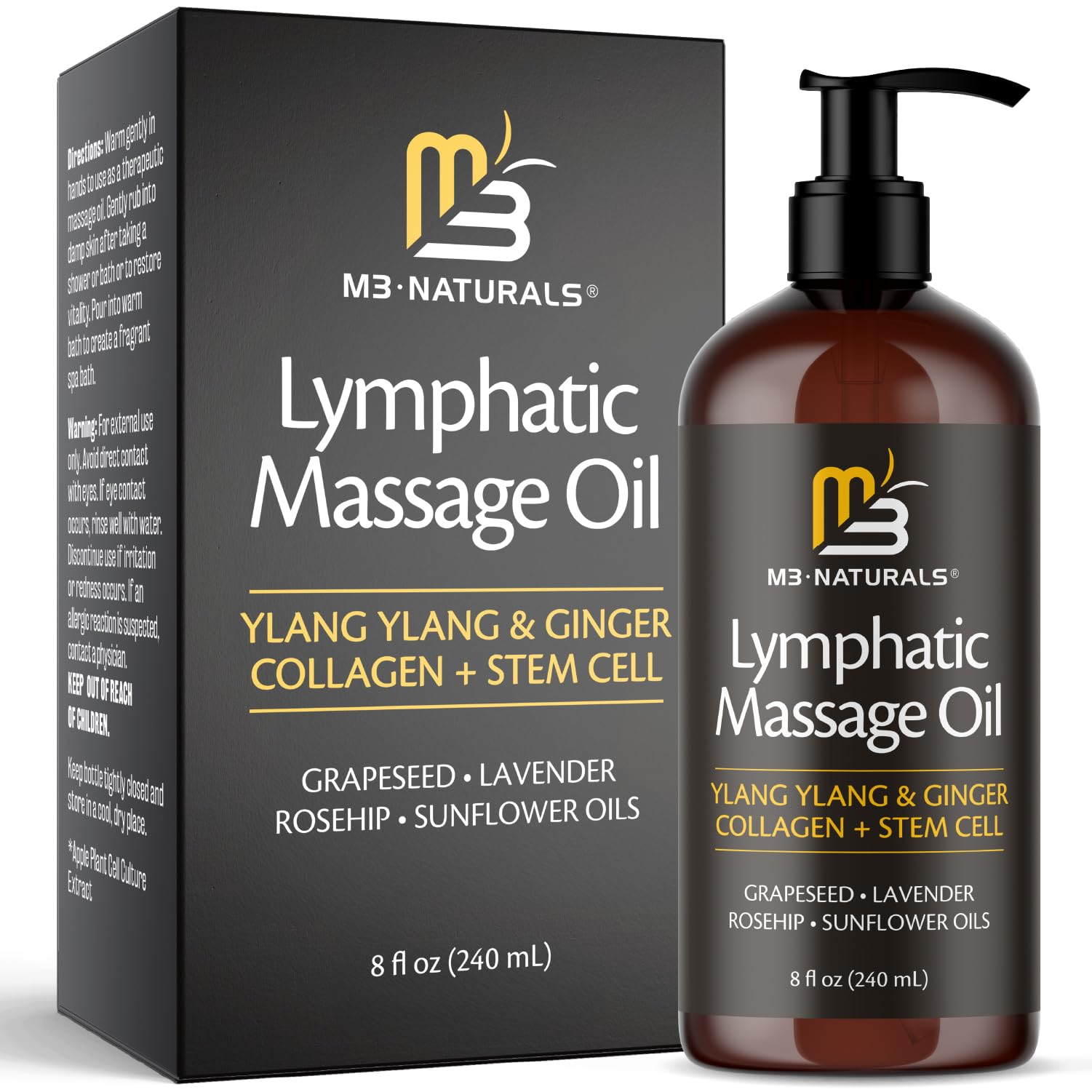Lymphatic Massage Oil for Massage Therapy - Lymphatic Drainage Oil for Body Care Circulation & Detox Support with Ylang Ylang, Ginger, Lavender, Grapeseed, Vitamin E & Stem Cell (8 Fl Oz) by M3 - Maple Wellness Supplements