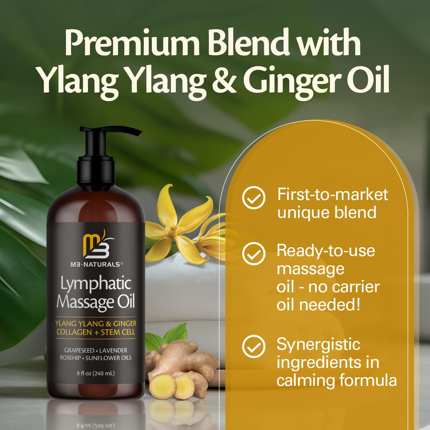 Lymphatic Massage Oil for Massage Therapy - Lymphatic Drainage Oil for Body Care Circulation & Detox Support with Ylang Ylang, Ginger, Lavender, Grapeseed, Vitamin E & Stem Cell (8 Fl Oz) by M3 - Maple Wellness Supplements
