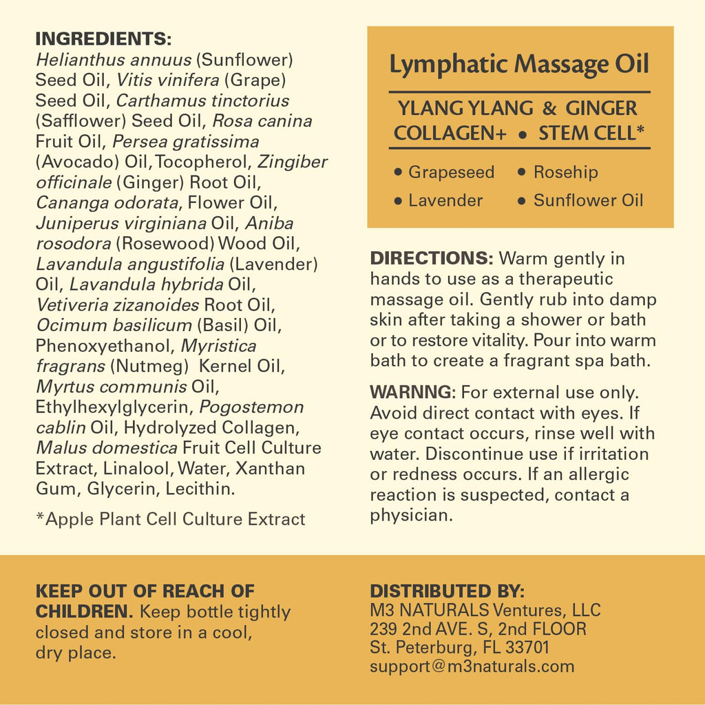 Lymphatic Massage Oil for Massage Therapy - Lymphatic Drainage Oil for Body Care Circulation & Detox Support with Ylang Ylang, Ginger, Lavender, Grapeseed, Vitamin E & Stem Cell (8 Fl Oz) by M3 - Maple Wellness Supplements