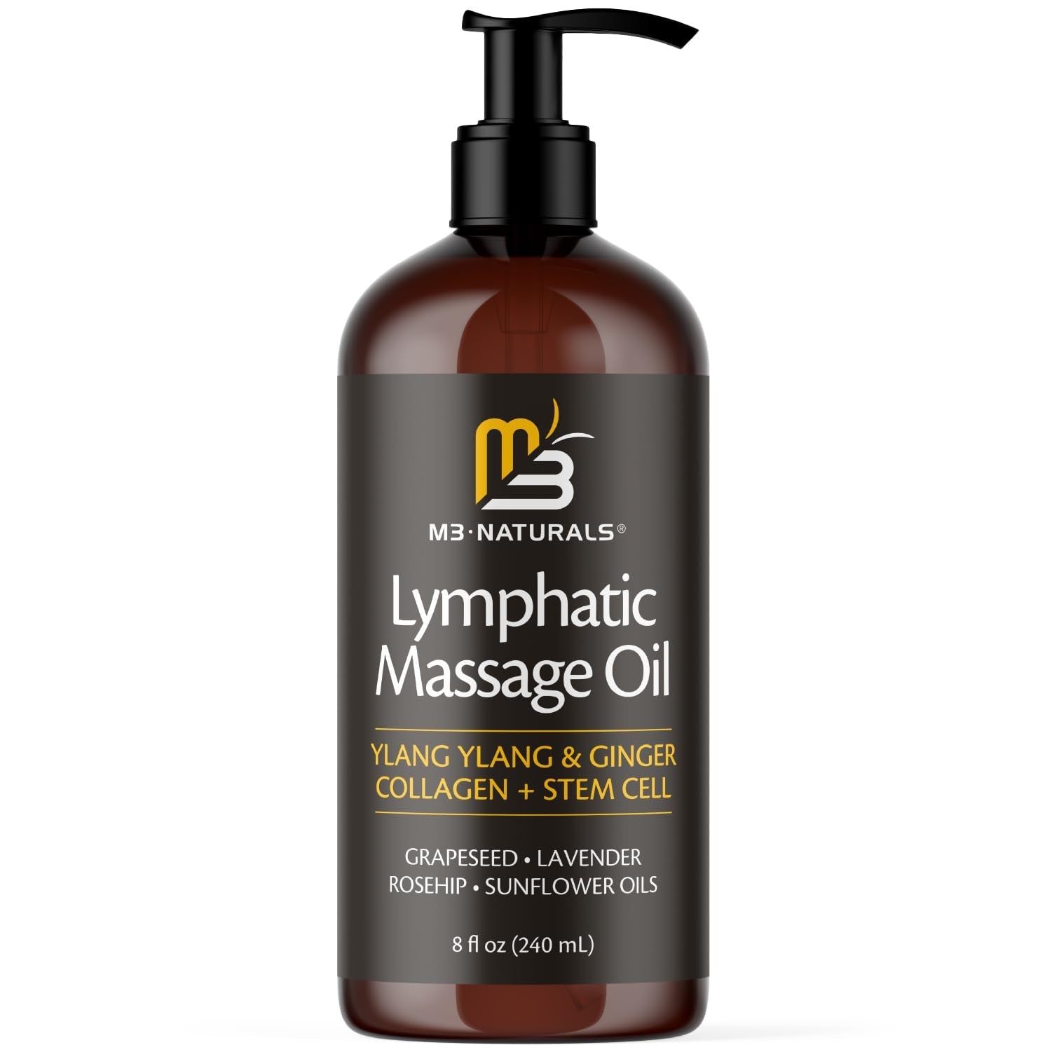 Lymphatic Massage Oil for Massage Therapy - Lymphatic Drainage Oil for Body Care Circulation & Detox Support with Ylang Ylang, Ginger, Lavender, Grapeseed, Vitamin E & Stem Cell (8 Fl Oz) by M3 - Maple Wellness Supplements