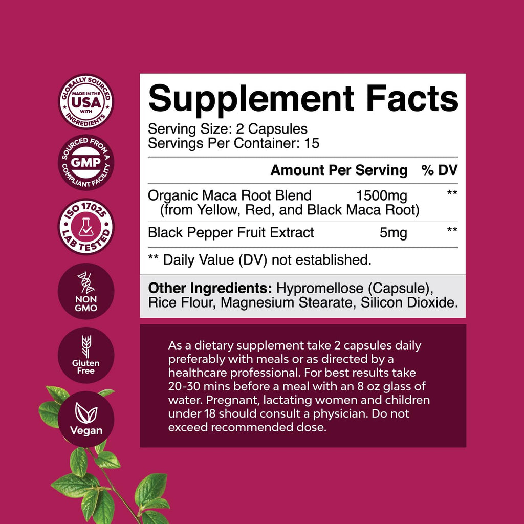 Maca Root Capsules for Women - Potent Herbal Supplement with Female Enhancing Blend of Red Yellow & Black Maca Root - Non-GMO Certified Vegan and Gluten-Free with No Artificial Colors - 30 Count - TrustMedUSA
