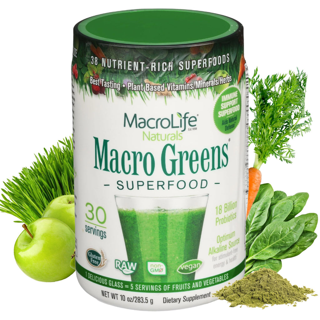 MacroLife Naturals Macro Greens Superfood Powder – 38 Superfoods with Probiotics, Digestive Enzymes & Adaptogens | Non GMO, Vegan, Gluten Free | 18B CFU | 10 oz (30 Servings) - TrustMedUSA