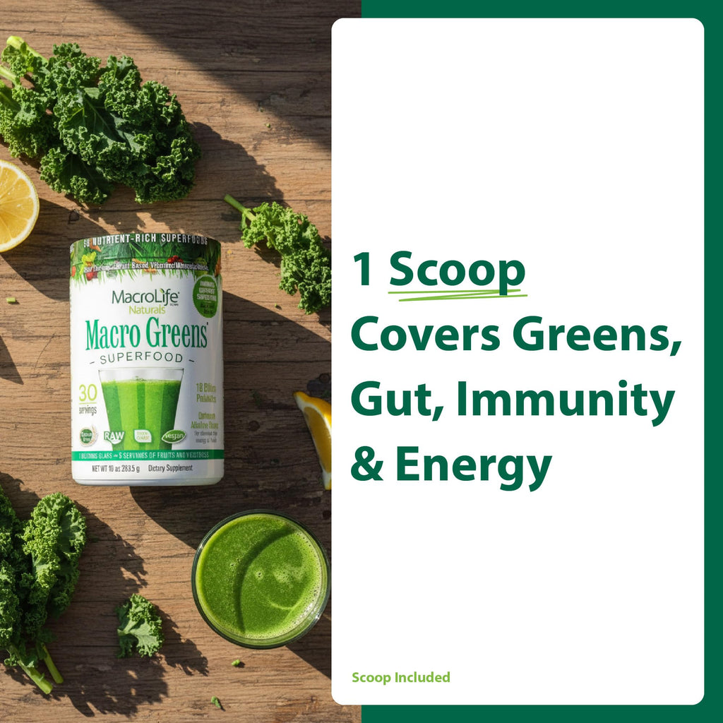 MacroLife Naturals Macro Greens Superfood Powder – 38 Superfoods with Probiotics, Digestive Enzymes & Adaptogens | Non GMO, Vegan, Gluten Free | 18B CFU | 10 oz (30 Servings) - TrustMedUSA