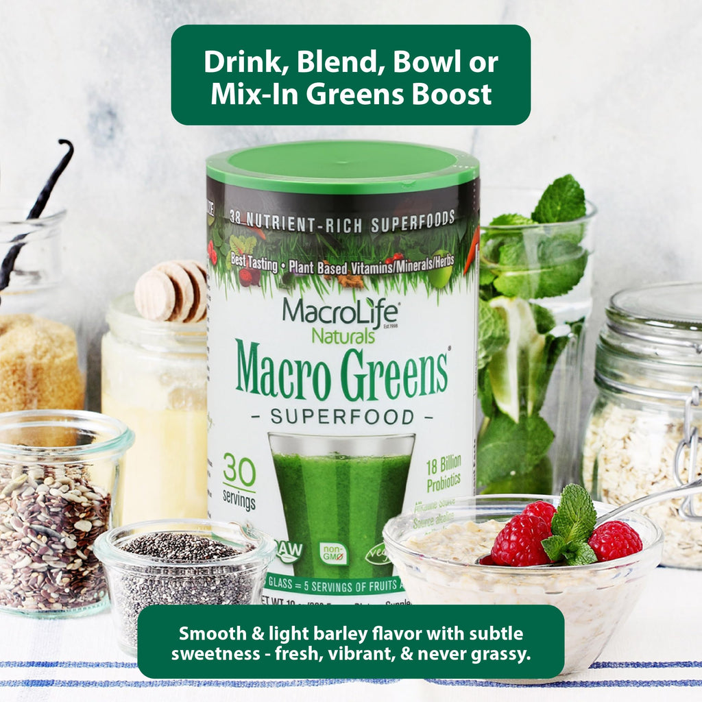 MacroLife Naturals Macro Greens Superfood Powder – 38 Superfoods with Probiotics, Digestive Enzymes & Adaptogens | Non GMO, Vegan, Gluten Free | 18B CFU | 10 oz (30 Servings) - TrustMedUSA