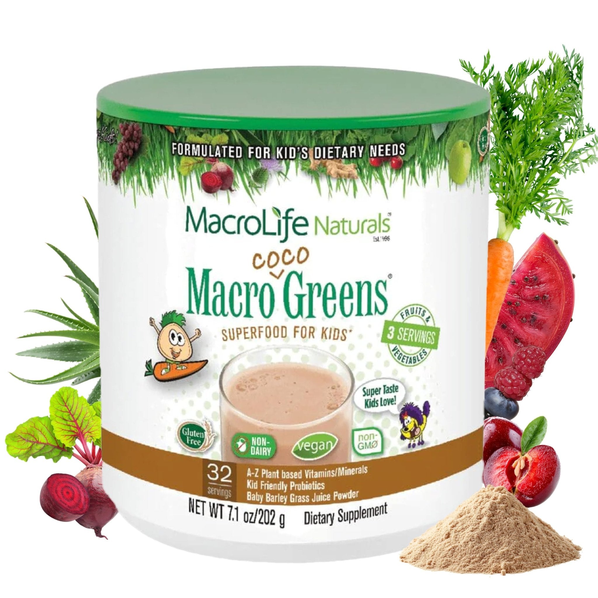 MacroLife Naturals MacroCoco Super Greens Drink, Chocolate Powder Superfood for Kids & Teens - Whole Food Fruit & Vegetable Multi-Vitamins Probiotics Digestive Enzymes & Fiber Supplement - 32 Servings - TrustMedUSA