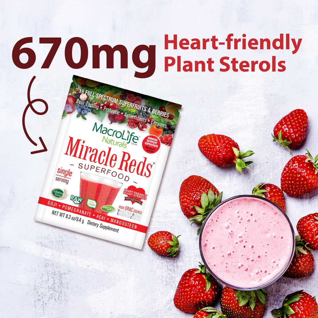 MacroLife Naturals Miracle Reds Superfood Powder 19 Blended Fruit & Berry Polyphenols Enzymes Probiotics & Antioxidants Supplement - Raw Non-GMO & Vegan Whole Food Vitamins - 12 Packet Servings - TrustMedUSA