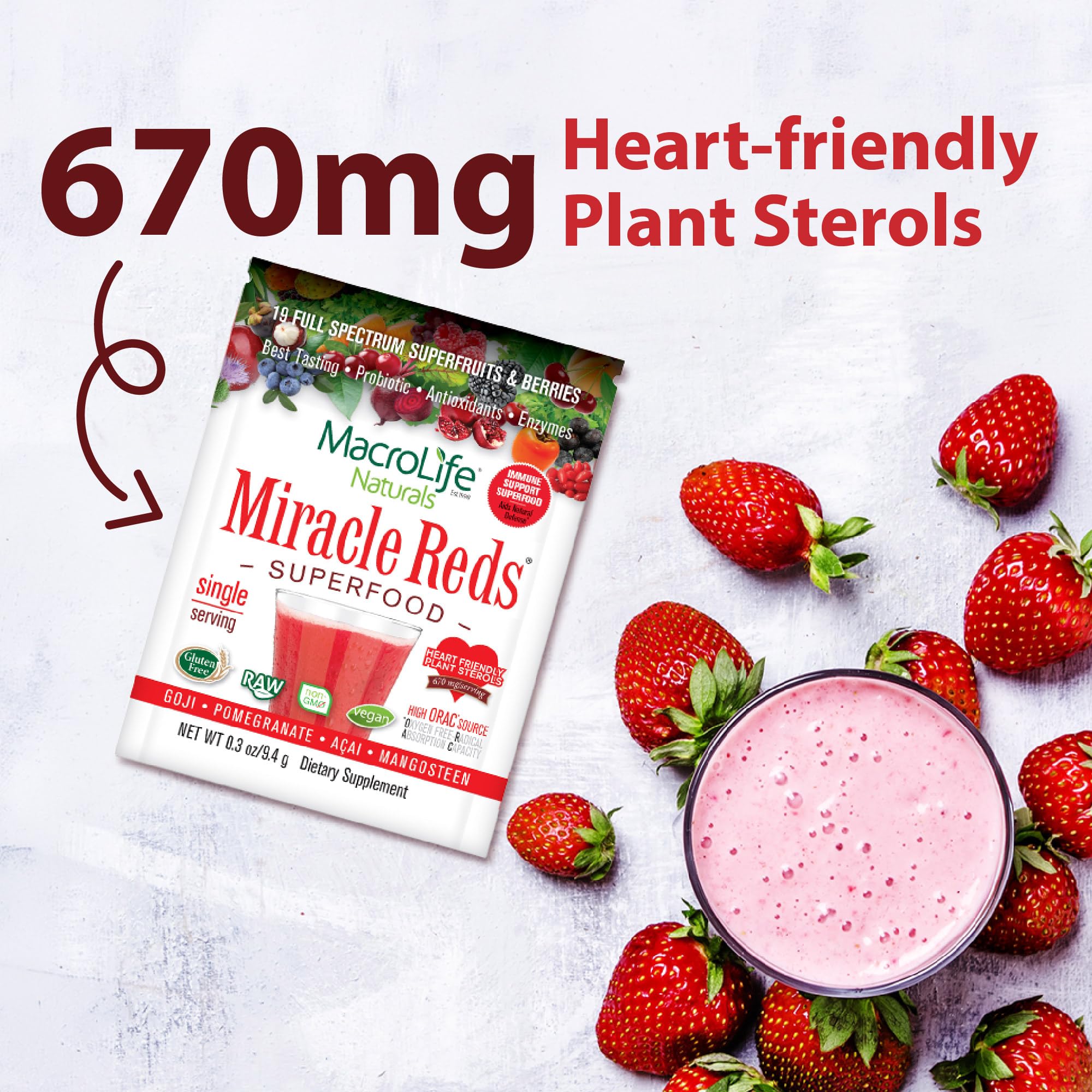 MacroLife Naturals Miracle Reds Superfood Powder 19 Blended Fruit & Berry Polyphenols Enzymes Probiotics & Antioxidants Supplement - Raw Non-GMO & Vegan Whole Food Vitamins - 12 Packet Servings - TrustMedUSA
