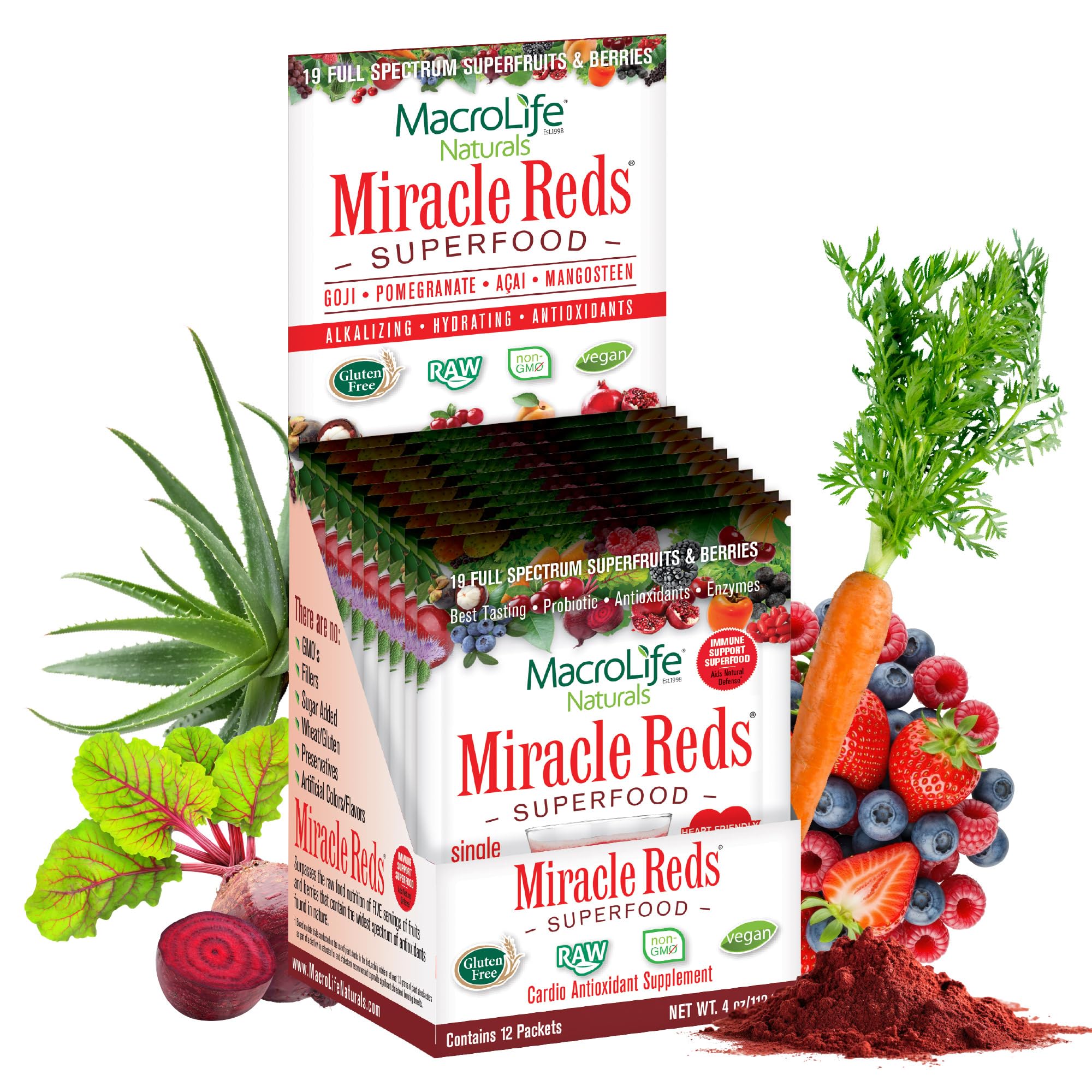 MacroLife Naturals Miracle Reds Superfood Powder 19 Blended Fruit & Berry Polyphenols Enzymes Probiotics & Antioxidants Supplement - Raw Non-GMO & Vegan Whole Food Vitamins - 12 Packet Servings - TrustMedUSA