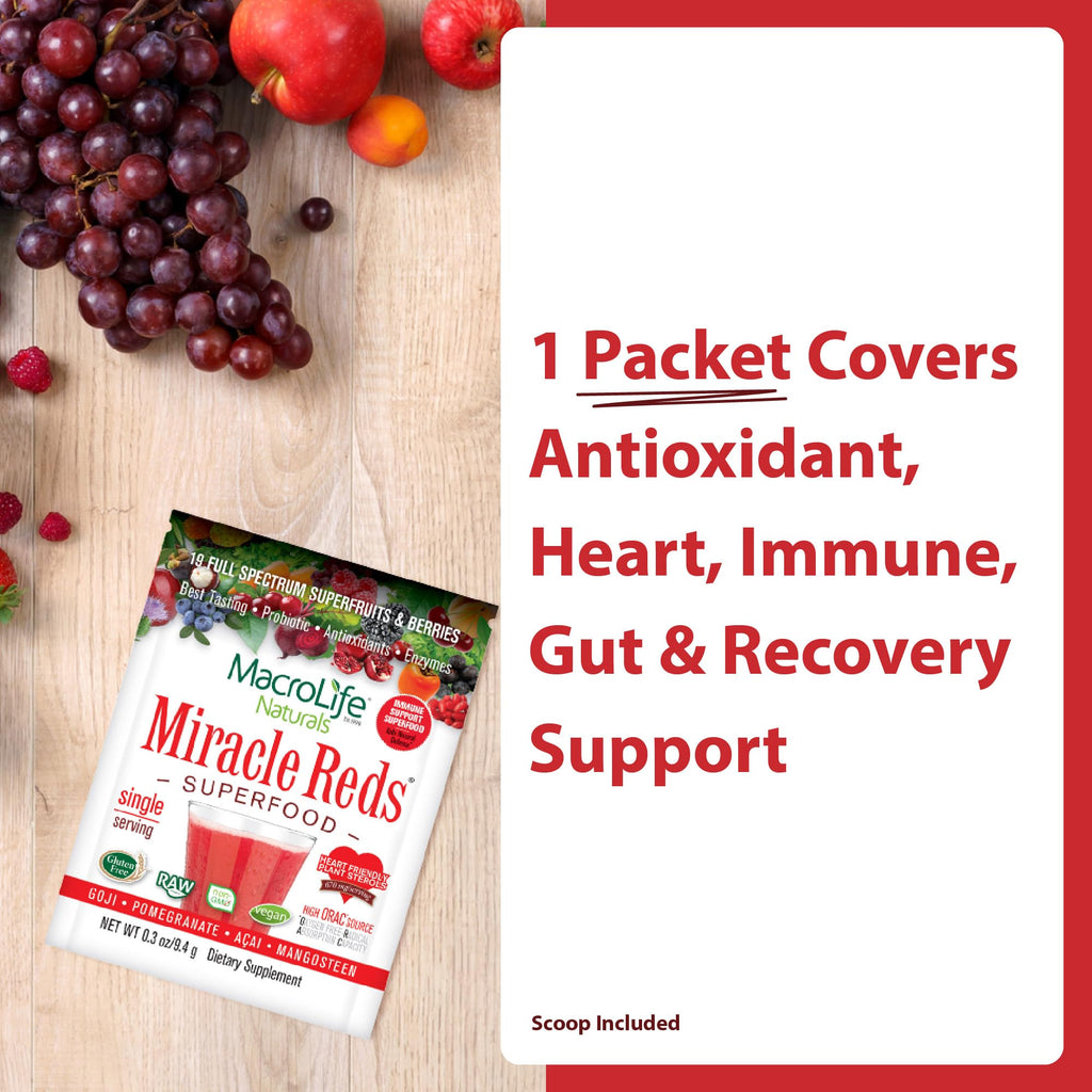 MacroLife Naturals Miracle Reds Superfood Powder 19 Blended Fruit & Berry Polyphenols Enzymes Probiotics & Antioxidants Supplement - Raw Non-GMO & Vegan Whole Food Vitamins - 12 Packet Servings - TrustMedUSA