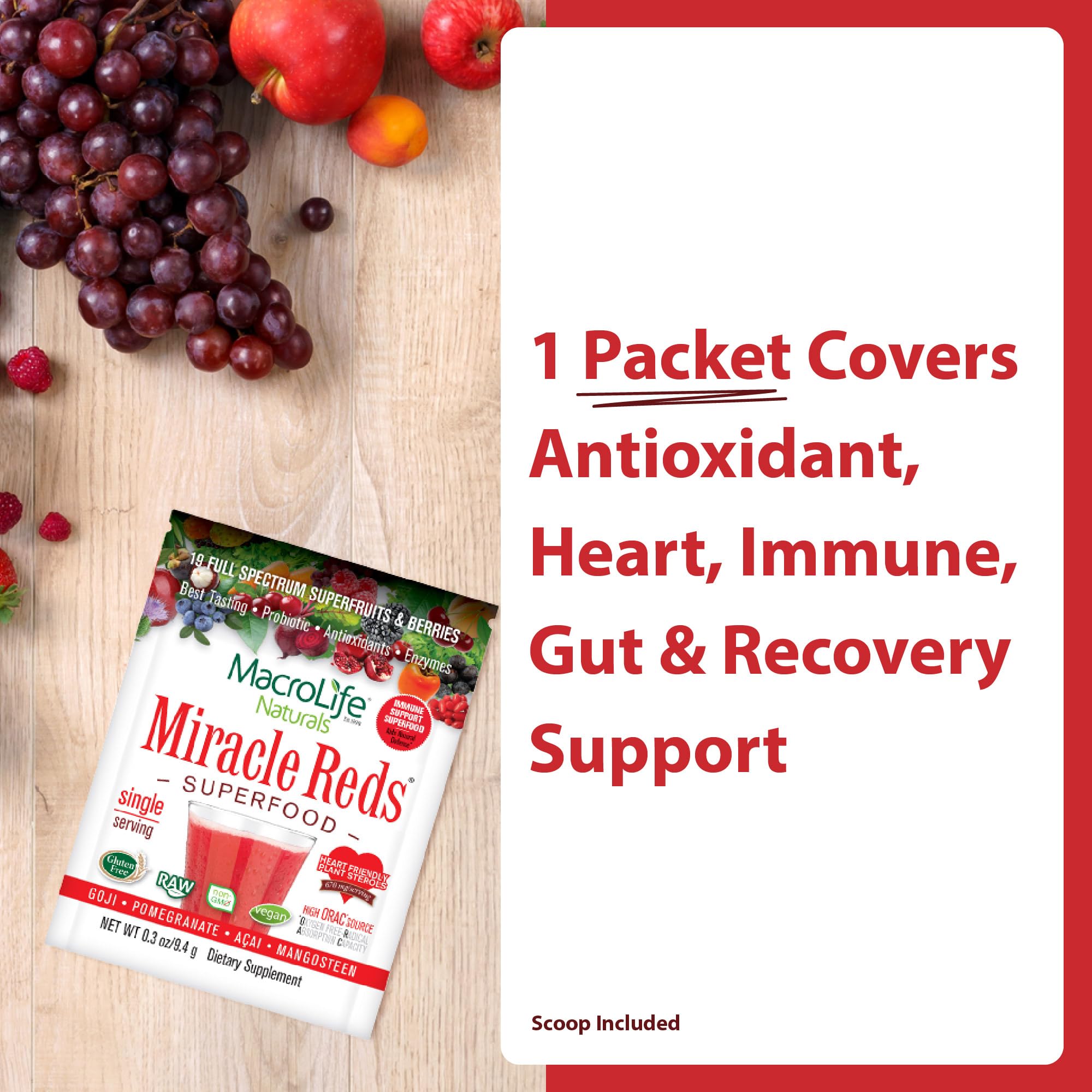 MacroLife Naturals Miracle Reds Superfood Powder 19 Blended Fruit & Berry Polyphenols Enzymes Probiotics & Antioxidants Supplement - Raw Non-GMO & Vegan Whole Food Vitamins - 12 Packet Servings - TrustMedUSA