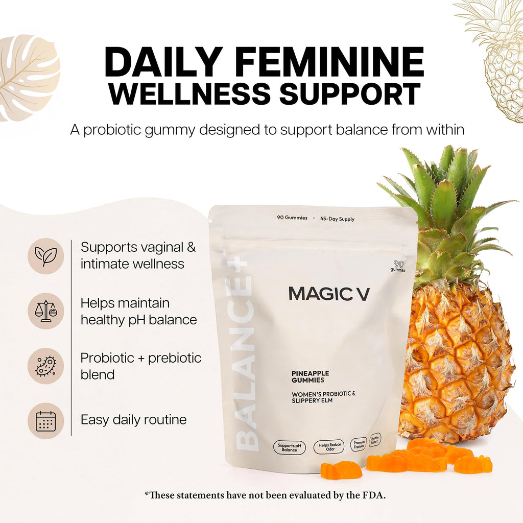 Magic V Care – Premium Feminine Balance Gummies – Women’s Wellness & pH Support – Vaginal Health, Immunity & Hormonal Balance – Vegan, Gluten-Free – Tropical Pineapple – 90 Gummies – 45 Servings - TrustMedUSA