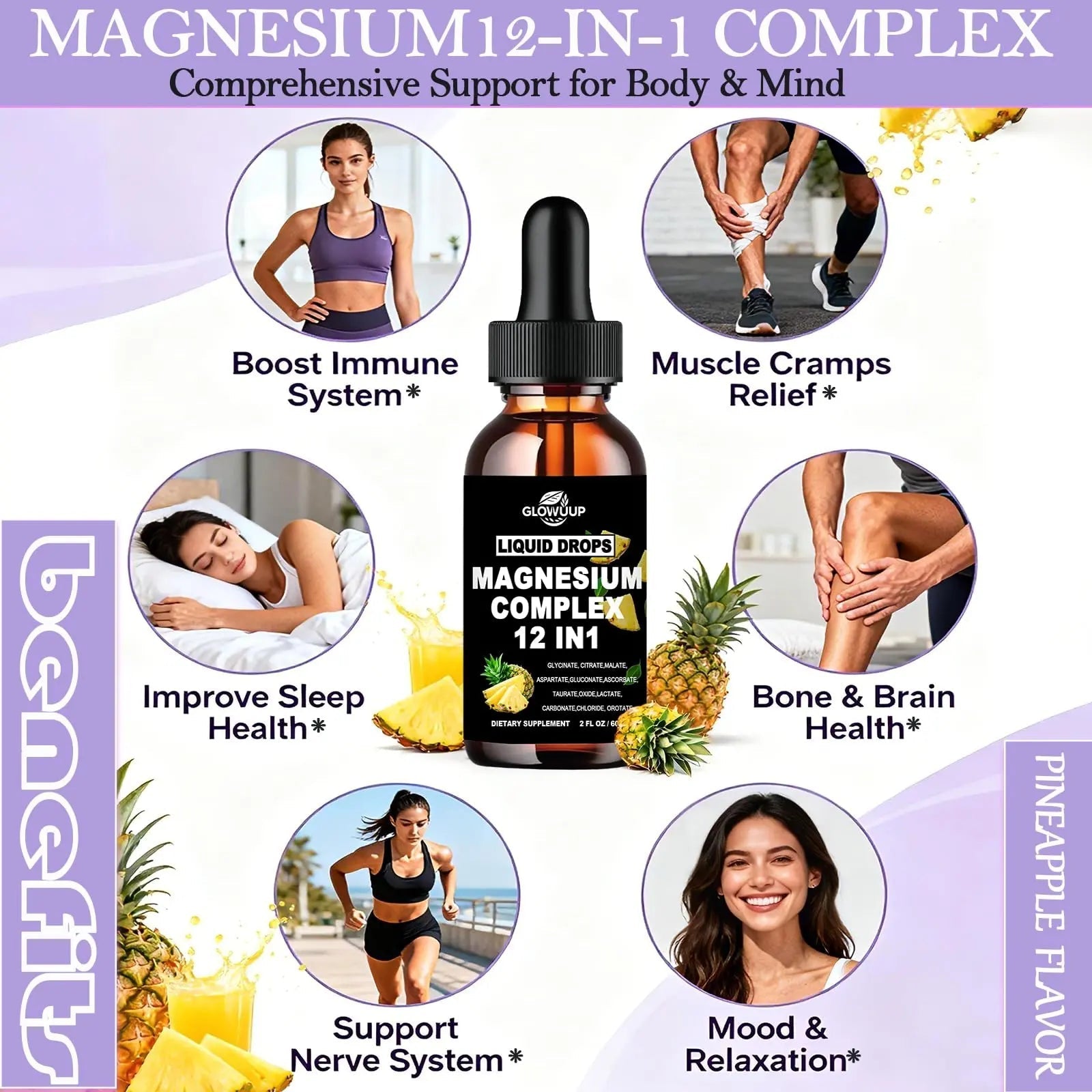 Magnesium 12 in 1 Complex 1000mg Supplement for Women & Men, High Absorption Liquid Magnesium W/Glycinate Citrate Malate Taurate Oxide Aspartate Orotate, Calm Magnesium for Sleep Muscle Heart Support - TrustMedUSA