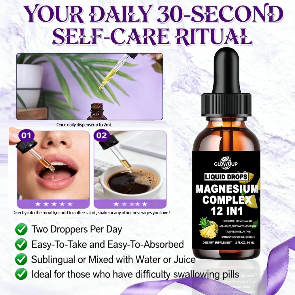 Magnesium 12 in 1 Complex 1000mg Supplement for Women & Men, High Absorption Liquid Magnesium W/Glycinate Citrate Malate Taurate Oxide Aspartate Orotate, Calm Magnesium for Sleep Muscle Heart Support - TrustMedUSA
