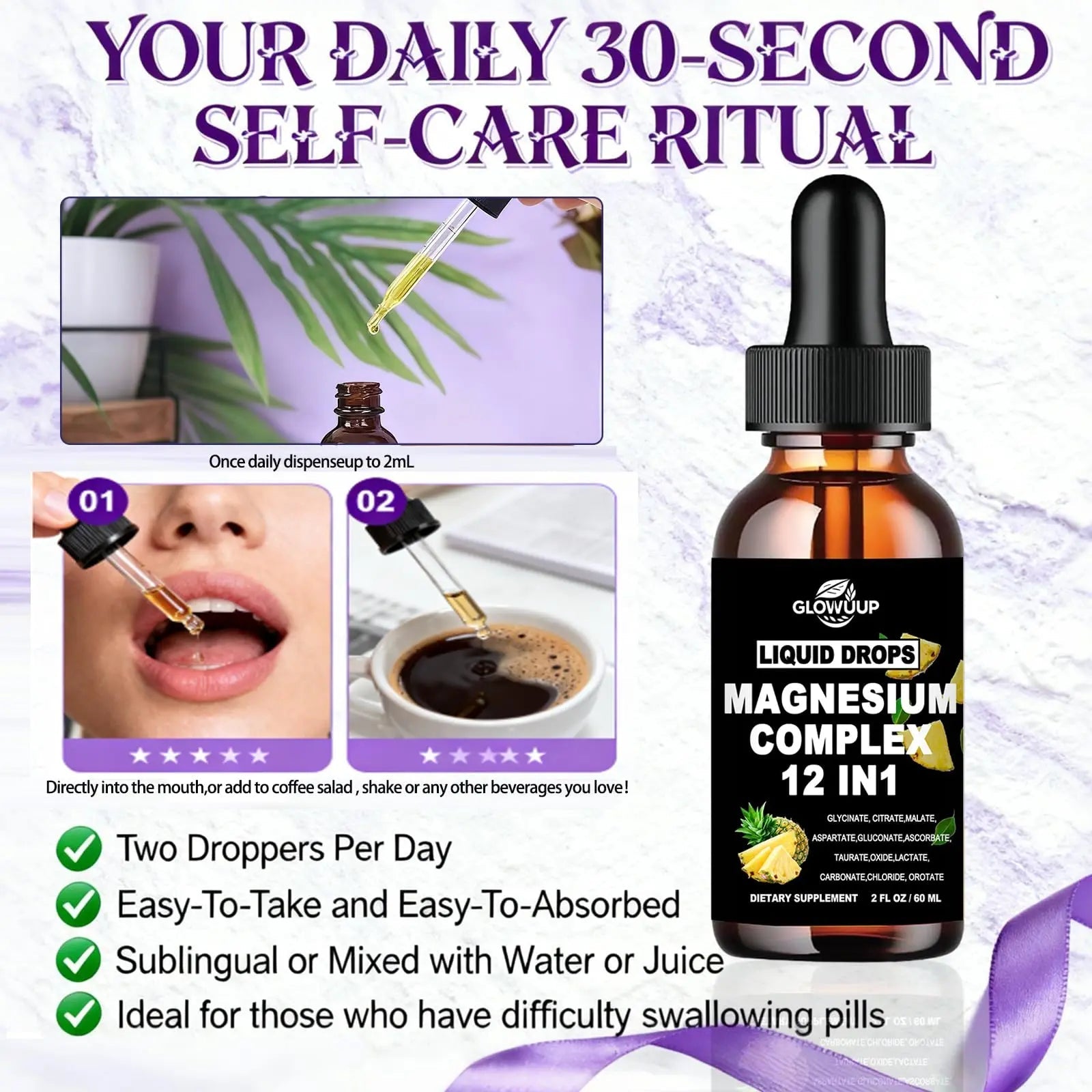 Magnesium 12 in 1 Complex 1000mg Supplement for Women & Men, High Absorption Liquid Magnesium W/Glycinate Citrate Malate Taurate Oxide Aspartate Orotate, Calm Magnesium for Sleep Muscle Heart Support - TrustMedUSA