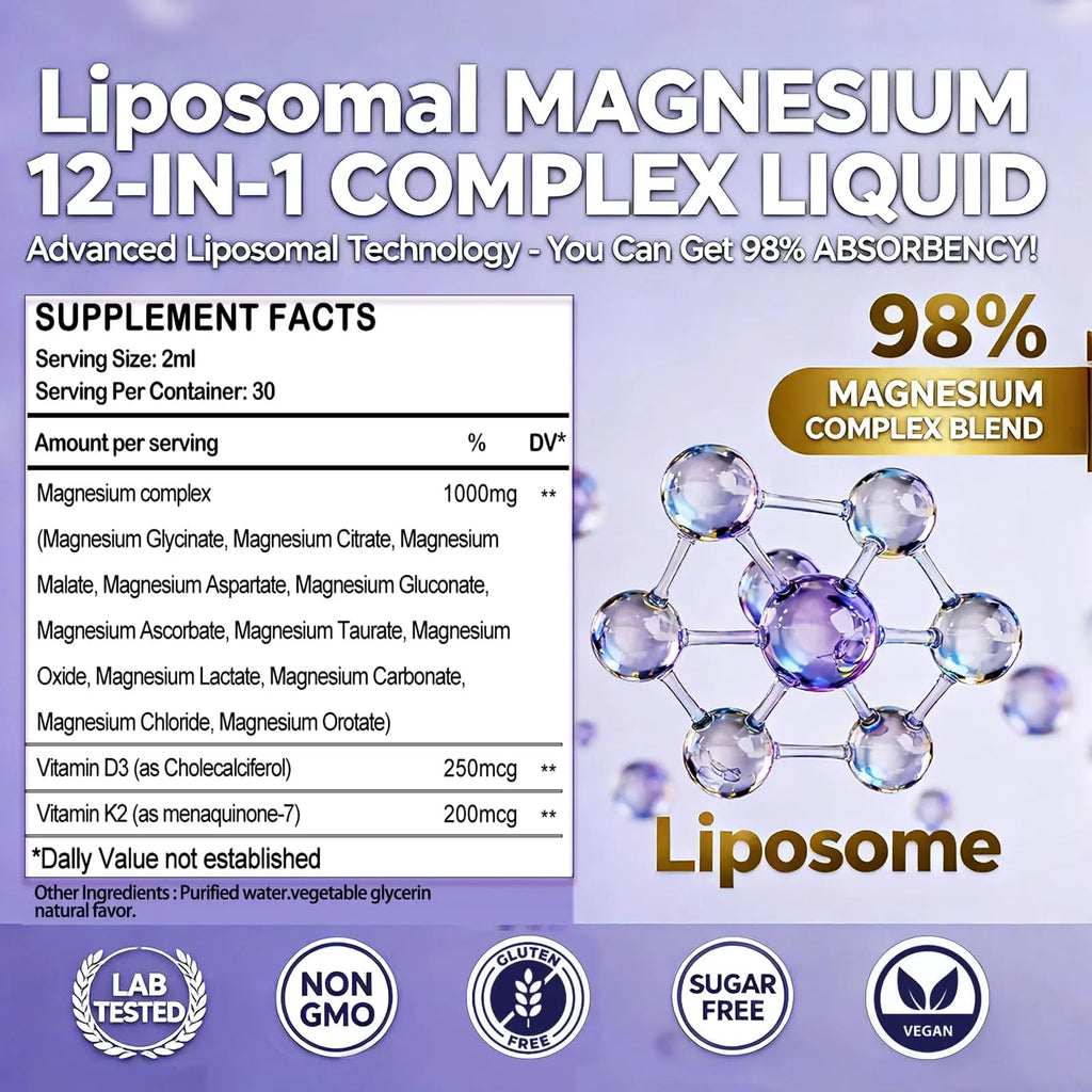 Magnesium 12 in 1 Complex 1000mg Supplement for Women & Men, High Absorption Liquid Magnesium W/Glycinate Citrate Malate Taurate Oxide Aspartate Orotate, Calm Magnesium for Sleep Muscle Heart Support - TrustMedUSA