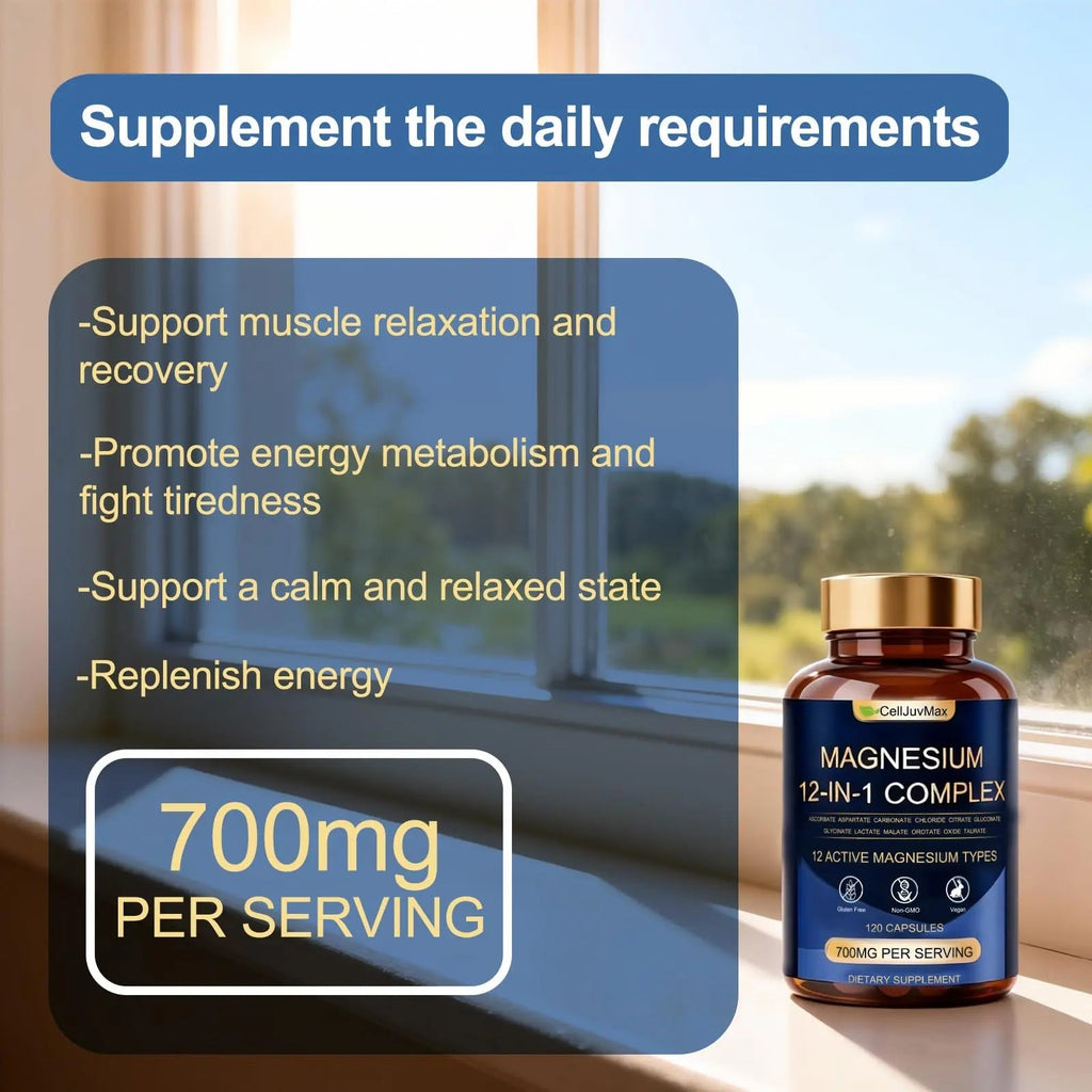 Magnesium 12-in-1 Complex 700mg, with Glycinate & Citrate, Vegan Supplement for Daily Wellness, 120 Capsules (1) - TrustMedUSA